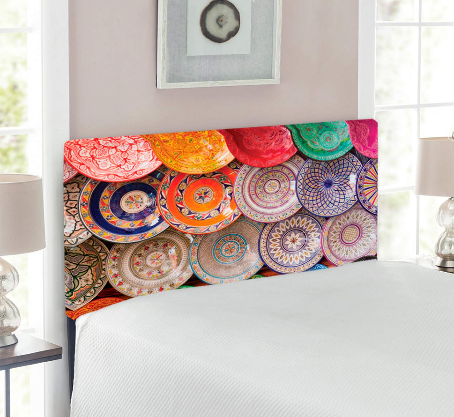 Ambesonne Moroccan Upholstered Headboard - Handcrafted Traditional Design with Colorful Marrakesh Market Plates & Memory Foam - Twin Size Multicolor Decorative Metal Bed Headboard for Cozy Bedroom Decor