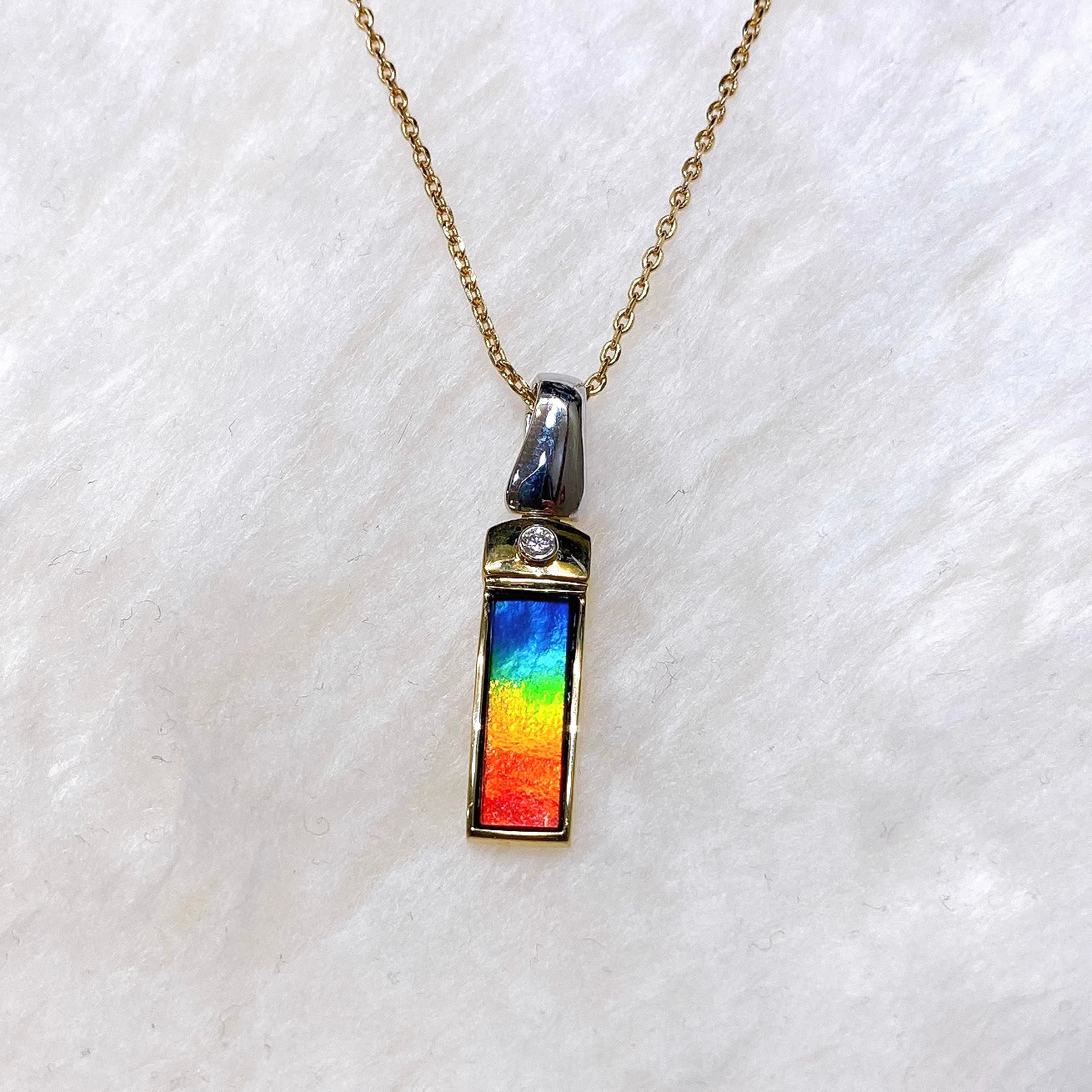 18K Gold Ammolite Pendant with Diamond - AA Grade Rectangle Gemstone Jewelry for Women | Elegant Gift for Birthday, Anniversary & Special Occasions