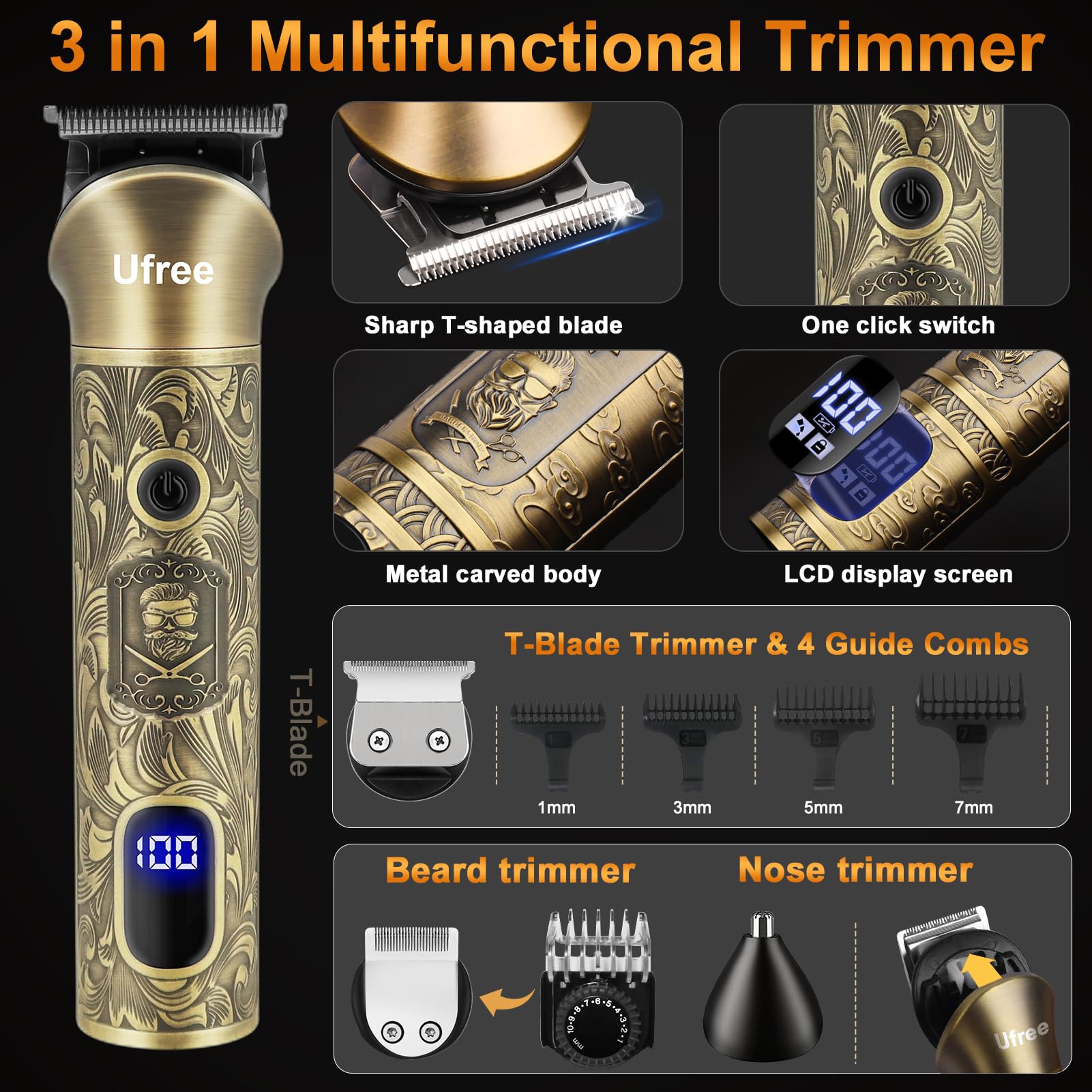 Ufree Professional Cordless Beard Trimmer & Hair Clipper Set for Men - Electric Shaver & Grooming Kit with Precision Blades - Perfect for Home Barbering, Travel, and Gifts