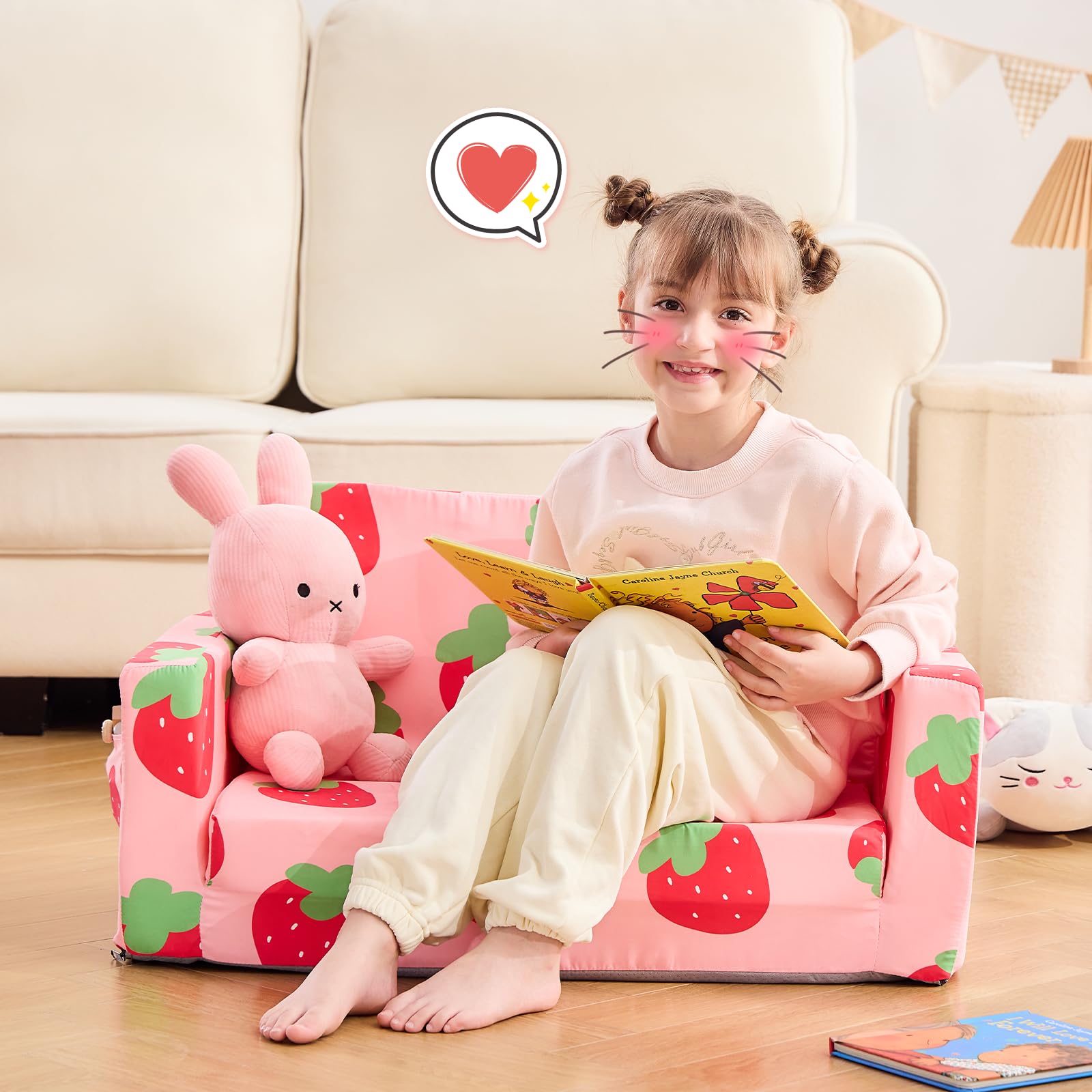 2-in-1 Convertible Toddler Couch & Lounger - Foldable Kids Sofa Chair for Boys & Girls - Soft Baby Play Furniture for Nursery, Playroom & Living Room - Perfect Toddler Gift (Strawberry Red, Large Size)