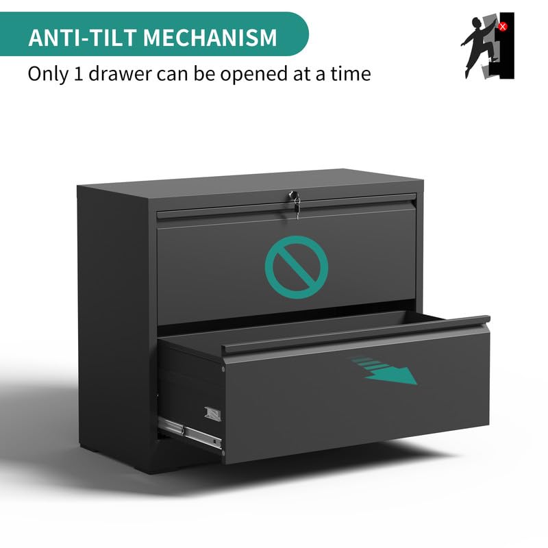 2-Drawer Lateral File Cabinet with Lock - Black Metal Filing Cabinet for Home Office, Steel Storage Cabinet for Letter/Legal/F4/A4 Files with Hanging Bars - Perfect for Organizing Documents in Office, Study Room or Home Workspace (Assembly Required)