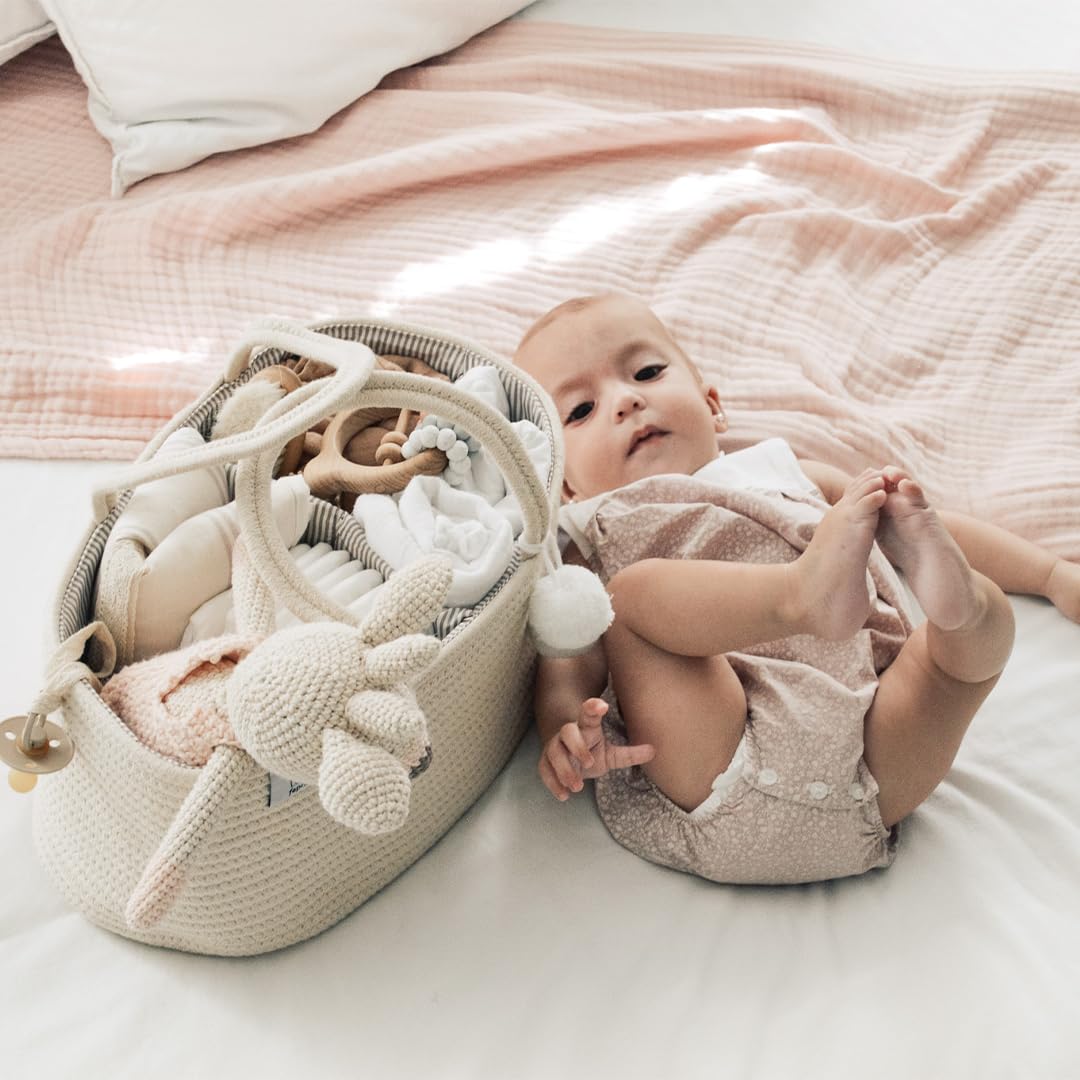 Portable Baby Diaper Caddy Organizer - Off White Rope Nursery Storage Bin for Changing Table & Car - Perfect Baby Shower Gift & Registry Essential - Ideal for Nursery Organization, Travel & On-the-Go Diaper Changes