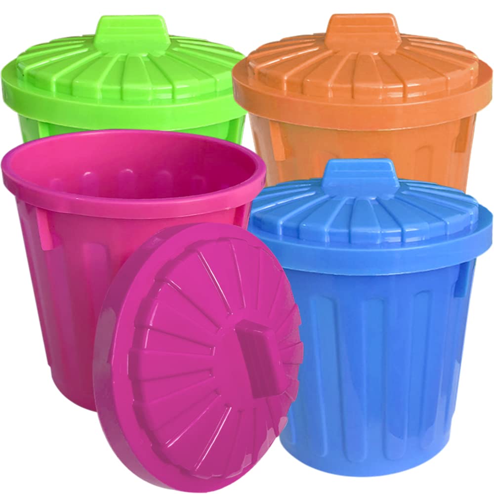 ArtCreativity Large Trash Cans Set with Lids - 4-Piece Garbage Bin Toy in Vibrant Neon Colors | Unique Desk Organizer & Kids Party Favors | Perfect for Classroom Decor, Birthday Parties & Office Organization