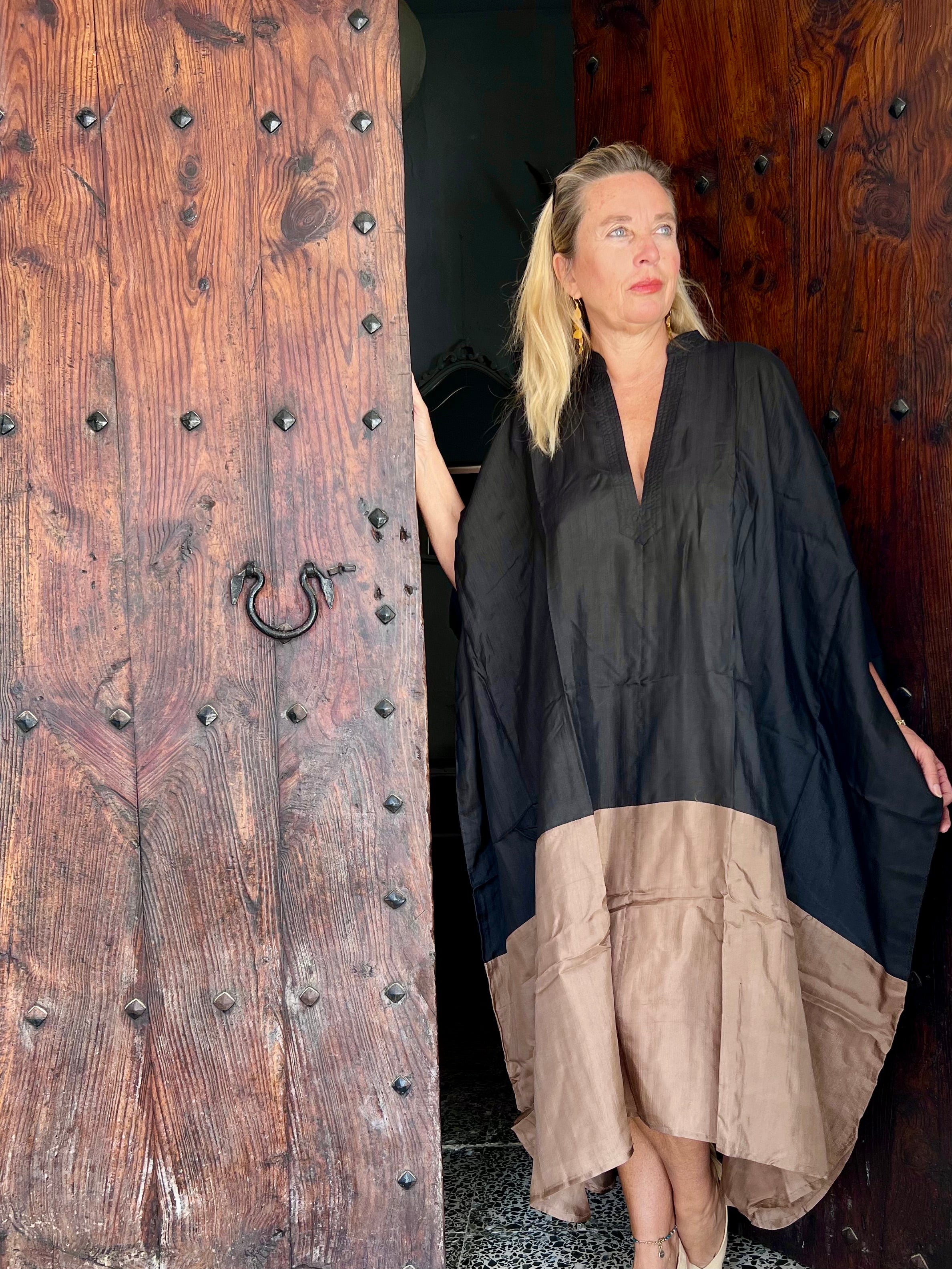 Elegant Black and Beige Silk Kaftan - Medium Length Women's Dress for Beach Cover Up, Resort Wear & Summer Evenings
