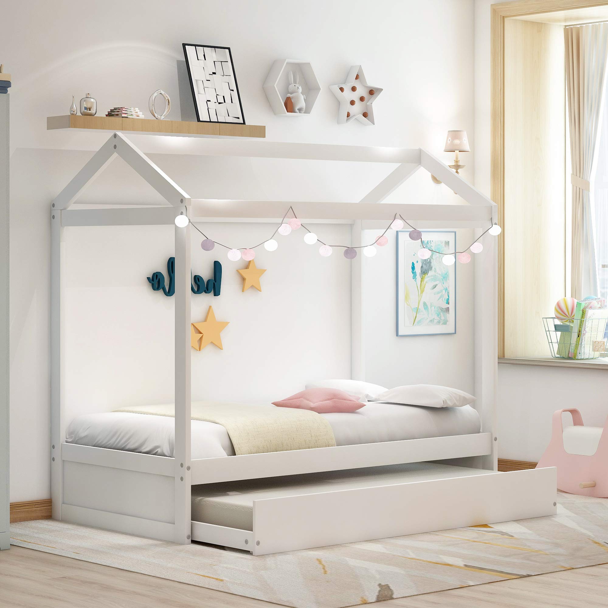 Twin House Bed with Trundle - Wooden Floor Daybed Frame with Roof for Kids Room, Boys & Girls Bedroom Furniture - Perfect for Playtime, Sleepovers & Cozy Reading Nook