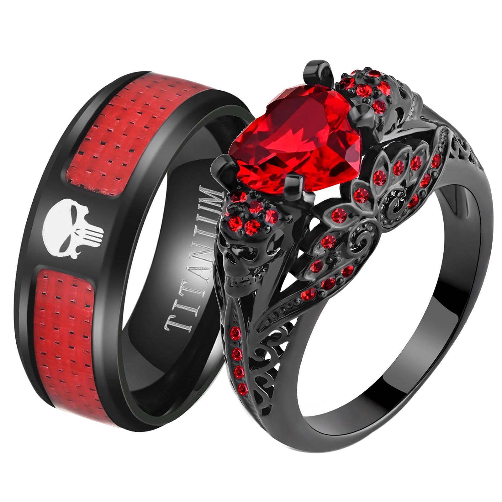 His and Hers Skull Couple Rings - Punk Skeleton Black Titanium Steel Wedding Bands with Heart & Red CZ for Men & Women | Gothic Jewelry, Anniversary Gift, Alternative Wedding Ring Set