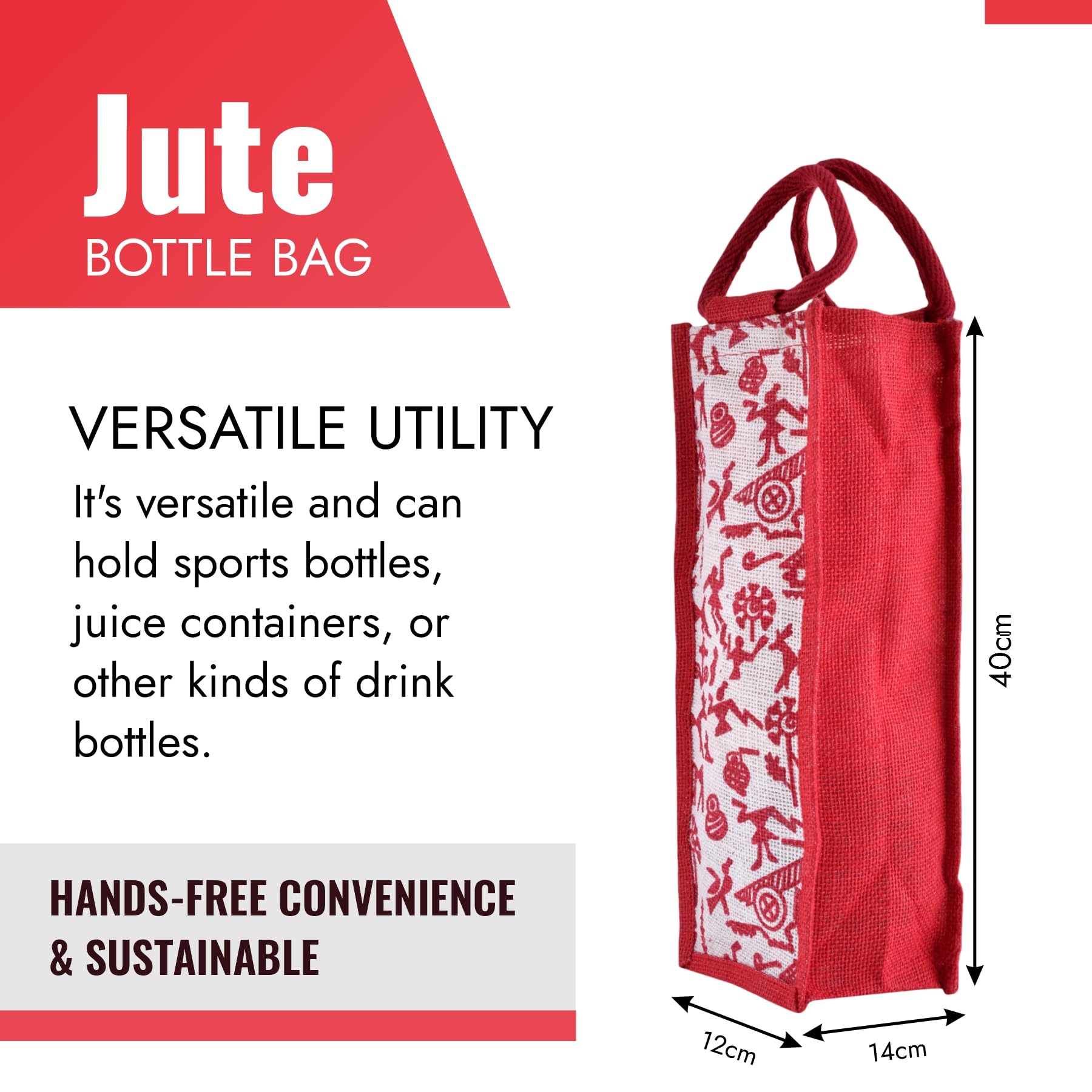 Kuber Industries Reusable Jute Bottle Bag with Handle - Eco-Friendly Water & Wine Bottle Cover for Office, Travel & Gifts - Warli-Print Design - Pack of 3 (Red) | Perfect for Picnics, Parties & Sustainable Gifting