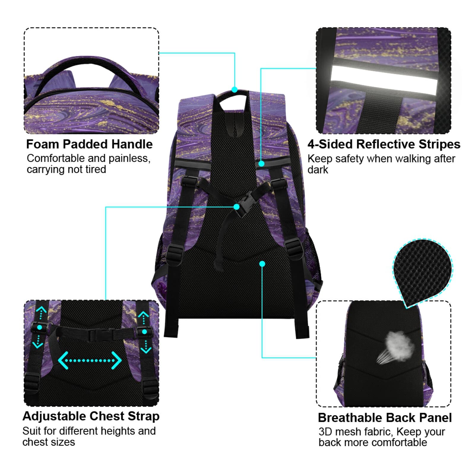 Stylish Purple & Gold Marbled Laptop Backpack for Teens & Adults - Waterproof School Backpack with Reflective Stripes for Safety | Perfect for College, Travel, Hiking & Daily Commute