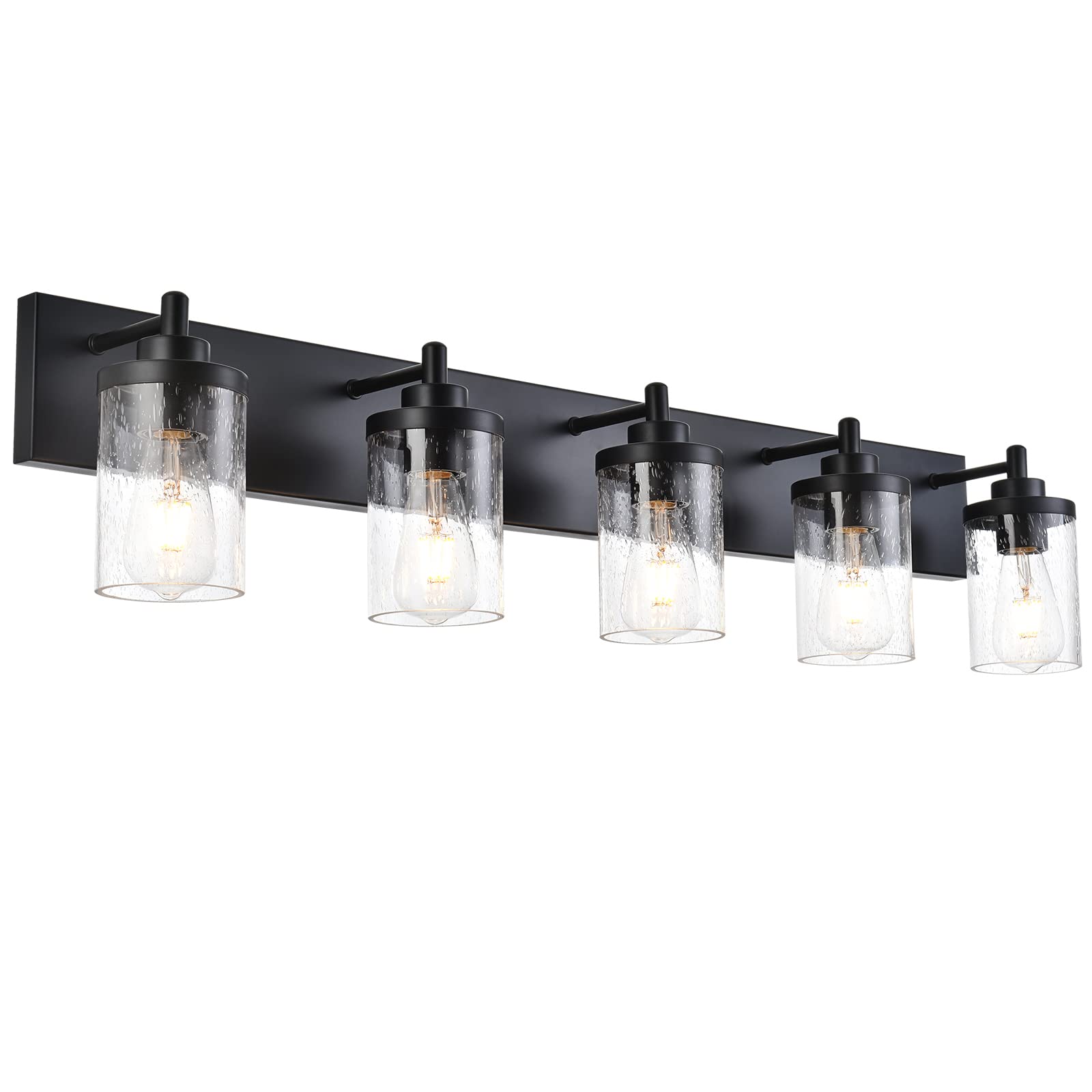 WINSHEN 5-Light Black Bathroom Vanity Light Fixture with Seeded Glass Shades, Matte Black Finish - Perfect for Bathroom Mirror Lighting, Makeup Area, and Dressing Room Illumination