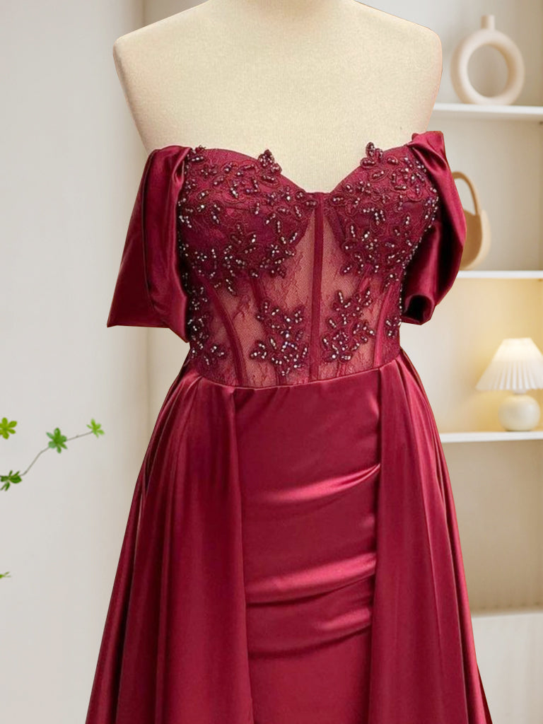 Elegant Burgundy A-Line Off-Shoulder Satin Lace Long Prom Dress for Women - Perfect for Formal Dances, Evening Galas & Special Occasions