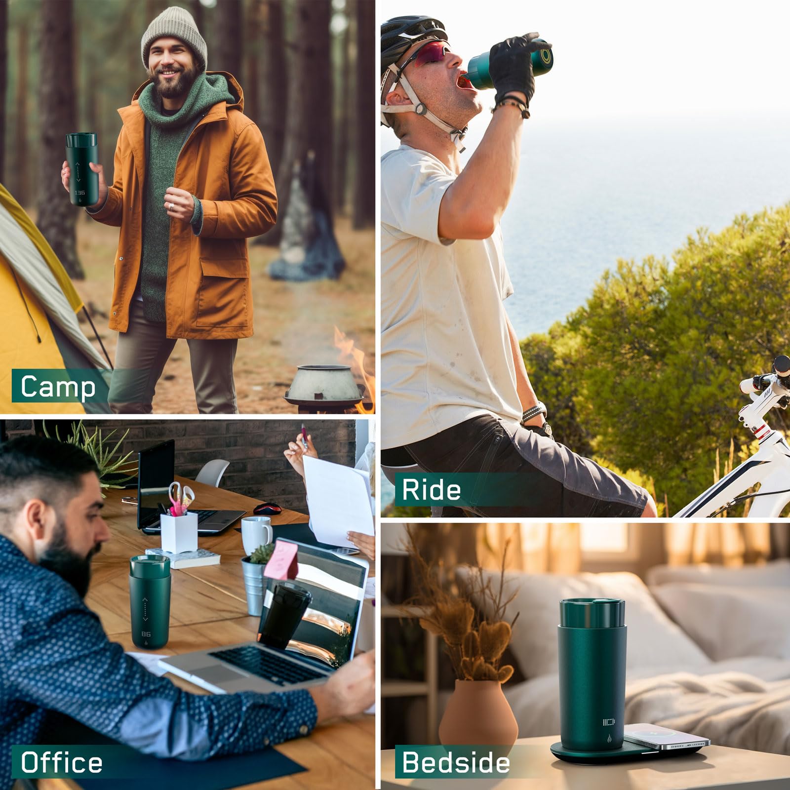 Smart Self-Heating Travel Coffee Mug - 12oz Temperature Control, App-Controlled Warmer with LED Display (4-10 Hours) | Fast Wireless Charging Base | Keeps Coffee Hot All Day | Perfect for Office, Commuting & Outdoor Use | Jade Green