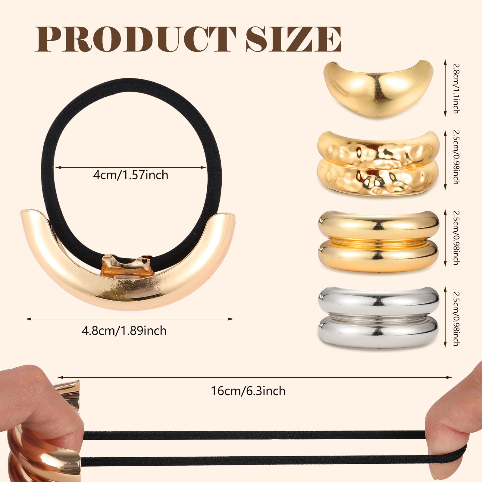 Gold & Silver Metal Hair Ties for Women - Geometric Elastic Hair Cuff Wraps for Thick Hair - Durable Hair Accessories for Workouts, Office & Everyday Styling