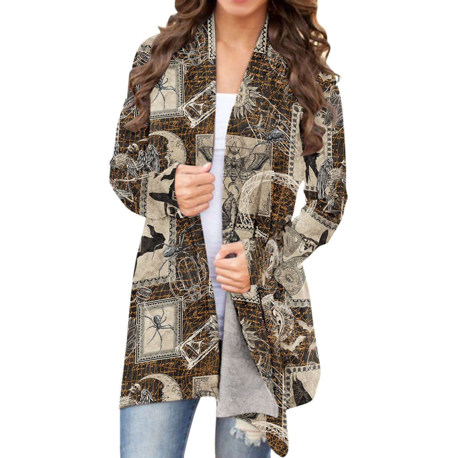 Women's Halloween Cat & Pumpkin Print Cardigan Coat - Long Sleeve Casual Blouse for Fall, Party, and Cosplay Outfits