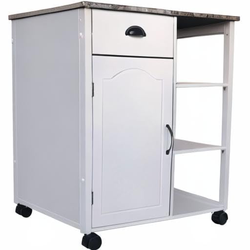 King's Brand White Finish Wood & Marble Vinyl Top Kitchen Storage Cabinet Cart - Perfect for Small Spaces, Pantry Organization & Dining Room Storage