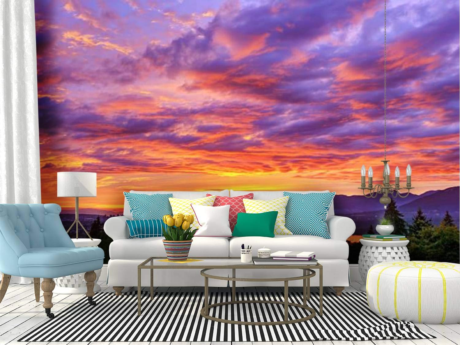 Purple Sunset Mountain View Peel and Stick Wallpaper - Self-Adhesive Removable Vinyl Wall Mural for Home Decor (36