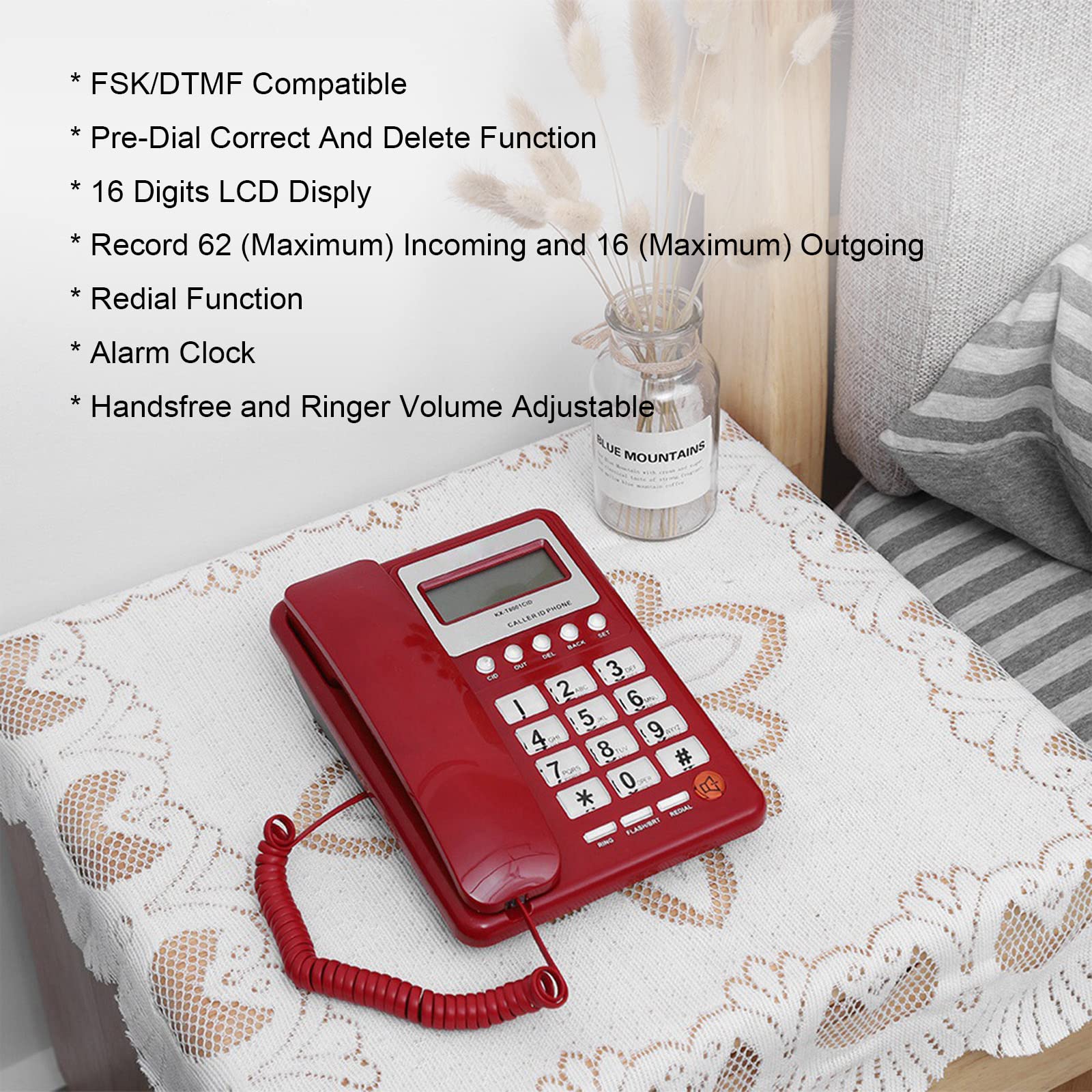 KXT8001 Red Corded Landline Phone with LCD Display - Standard Desktop Telephone for Home, Office, School & Hotel | Reliable Communication Solution for Businesses & Households