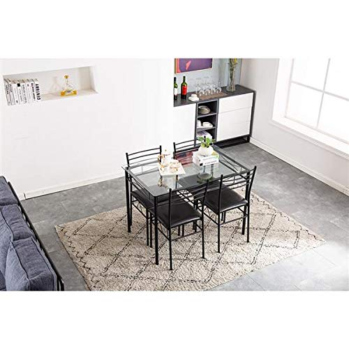 110x70x76cm Black Iron Glass Dining Table Set with 4 PU Cushion Chairs - Modern Kitchen & Dining Room Furniture for Small Spaces, Breakfast Nook, Apartment, Condo