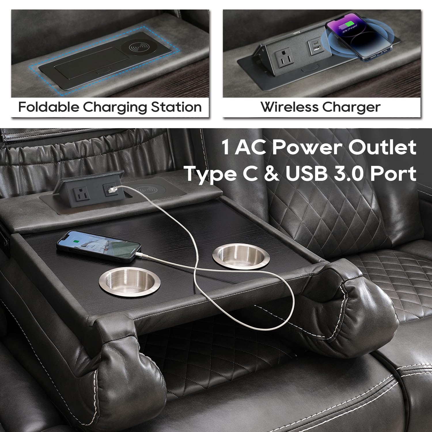 Premium Faux Leather Power Recliner Sofa Set with Bass Speaker & Wireless Charger - 3-Seater Reclining Couch & Loveseat with LED Lights & Reading Light for Living Room, Home Theater - Perfect for Movie Nights, Gaming & Relaxation (Grey)