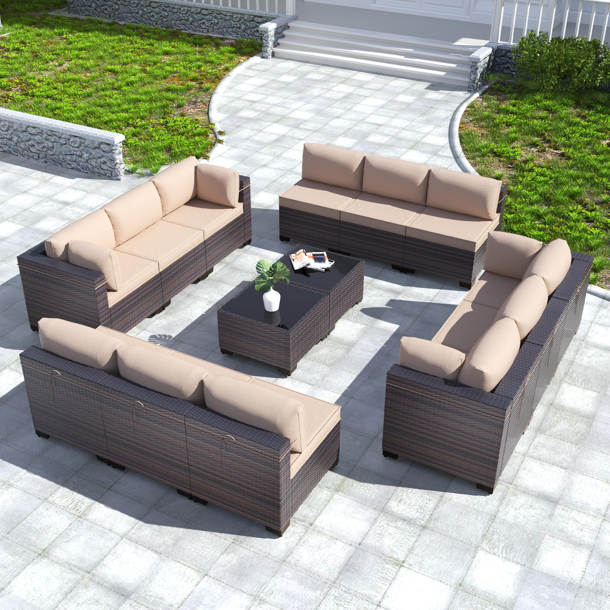 Kullavik 14-Piece Outdoor Patio Furniture Set - PE Wicker Rattan Sectional Sofa Conversation Set in Sand Color for Backyard, Garden, Poolside & Patio Relaxation