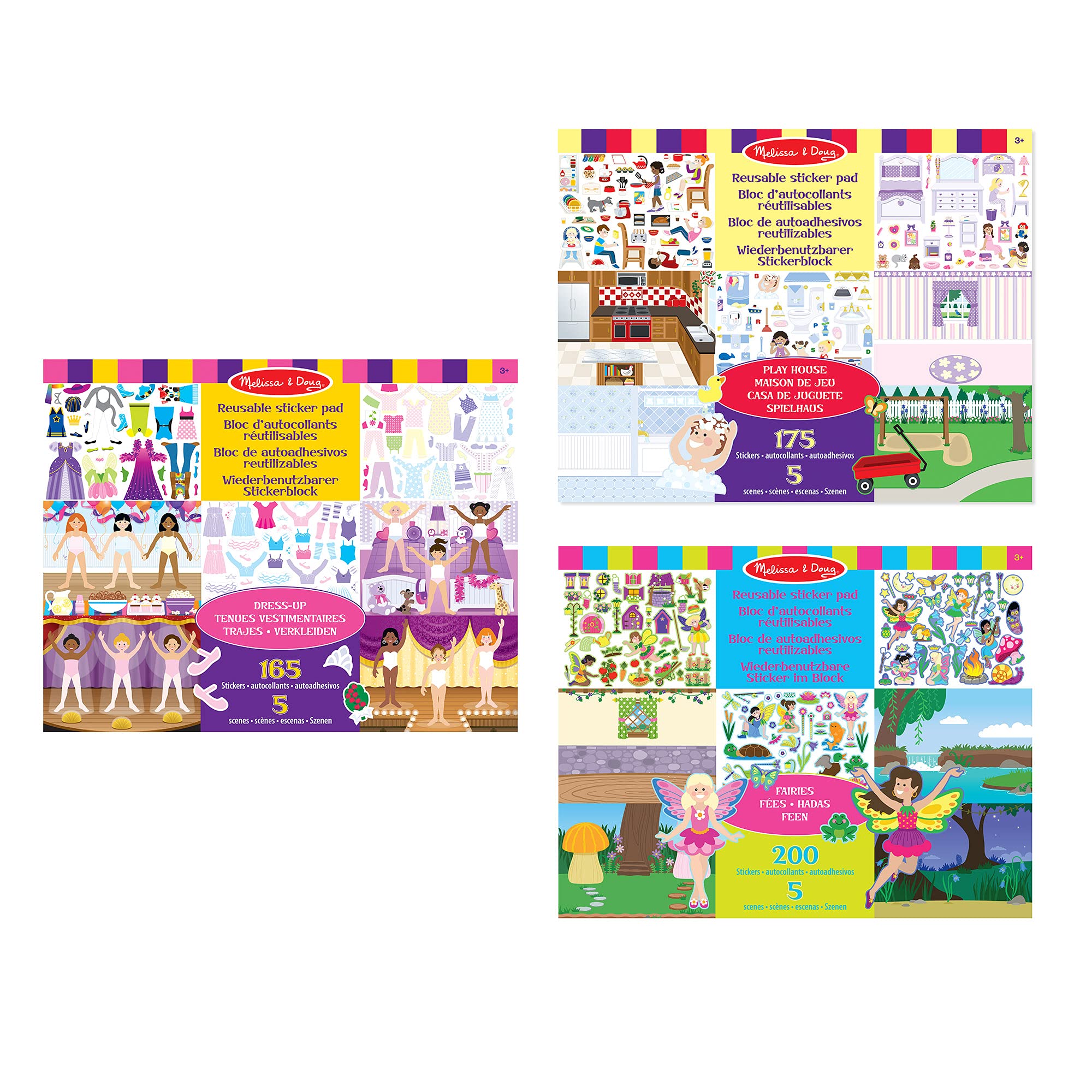 Melissa & Doug Reusable Sticker Activity Books Set of 3 - Dress Up, Fairies & Play House | Educational Toddler Stickers for Kids Ages 3+ | Creative Arts & Crafts Gift for Boys & Girls | Perfect for Travel, Birthday Parties & Quiet Time Play