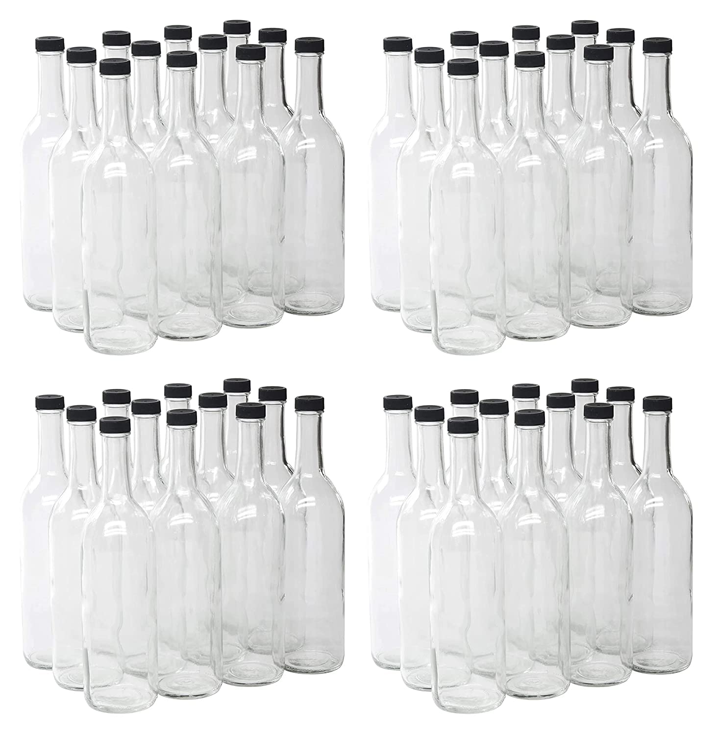 Premium 750ml Clear Glass Bordeaux Wine Bottles with Flat Bottom & Screw-Top Finish - Includes 28mm Matte Black Plastic Lids (48 Bottles & Lids, 4 Cases of 12) - Perfect for Home Brewing, Wine Making, Craft Cocktails & DIY Beverage Storage