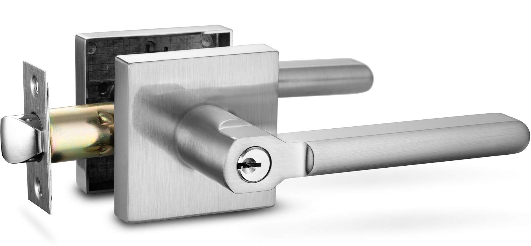 Berlin Modisch Modern Square Entry Lever Door Handle with Single Cylinder Deadbolt Lock Set - Heavy Duty Satin Nickel Finish for Front Doors, Office & Interior Doors (Right/Left Handed) - Secure & Stylish Home & Business Access Solution