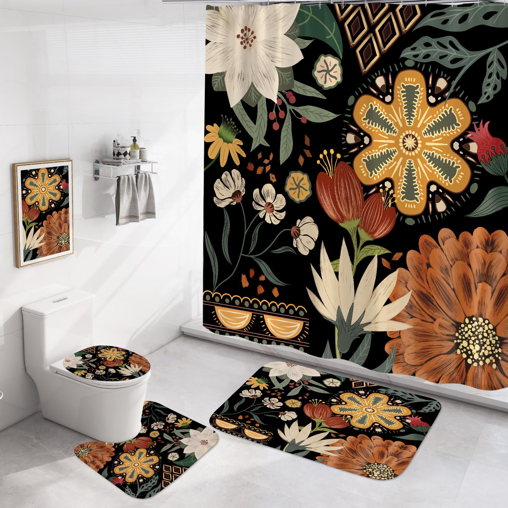 MitoVilla 4-Piece Bohemian Floral Bathroom Set with Tropical Leaf Shower Curtain, Rugs & Accessories - Waterproof Bath Mat & Decor for Modern, Vintage, or Coastal Style Bathrooms