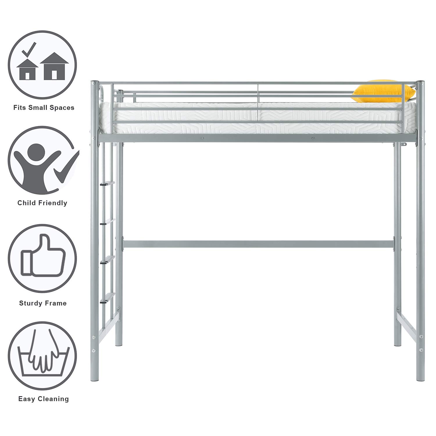 Bonnlo Twin Size Metal Loft Bed for Kids with Ladder - Space Saving Gray Loft Bed for Small Rooms, Perfect for Kids Bedroom, Dorm or Guest Room