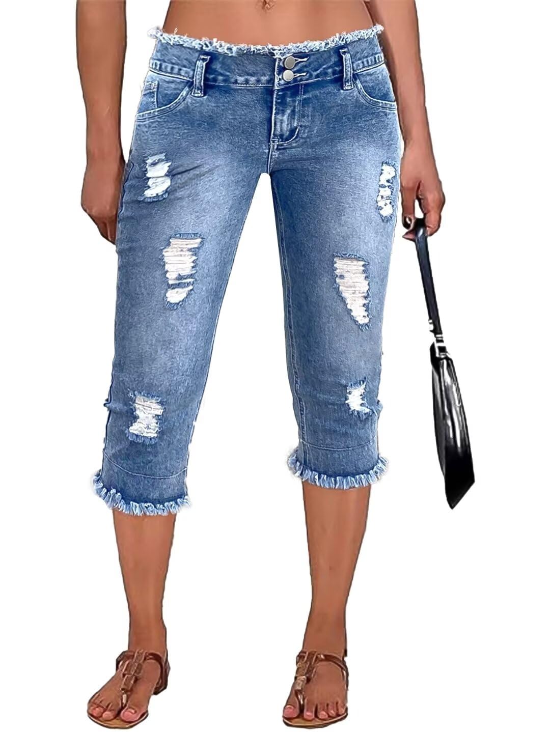 Flamingals Women's Ripped Raw Hem Capri Jeans - Low Waist Stretch Denim Pants for Casual Wear | Perfect for Spring & Summer Outfits, Date Nights & Weekend Street Style