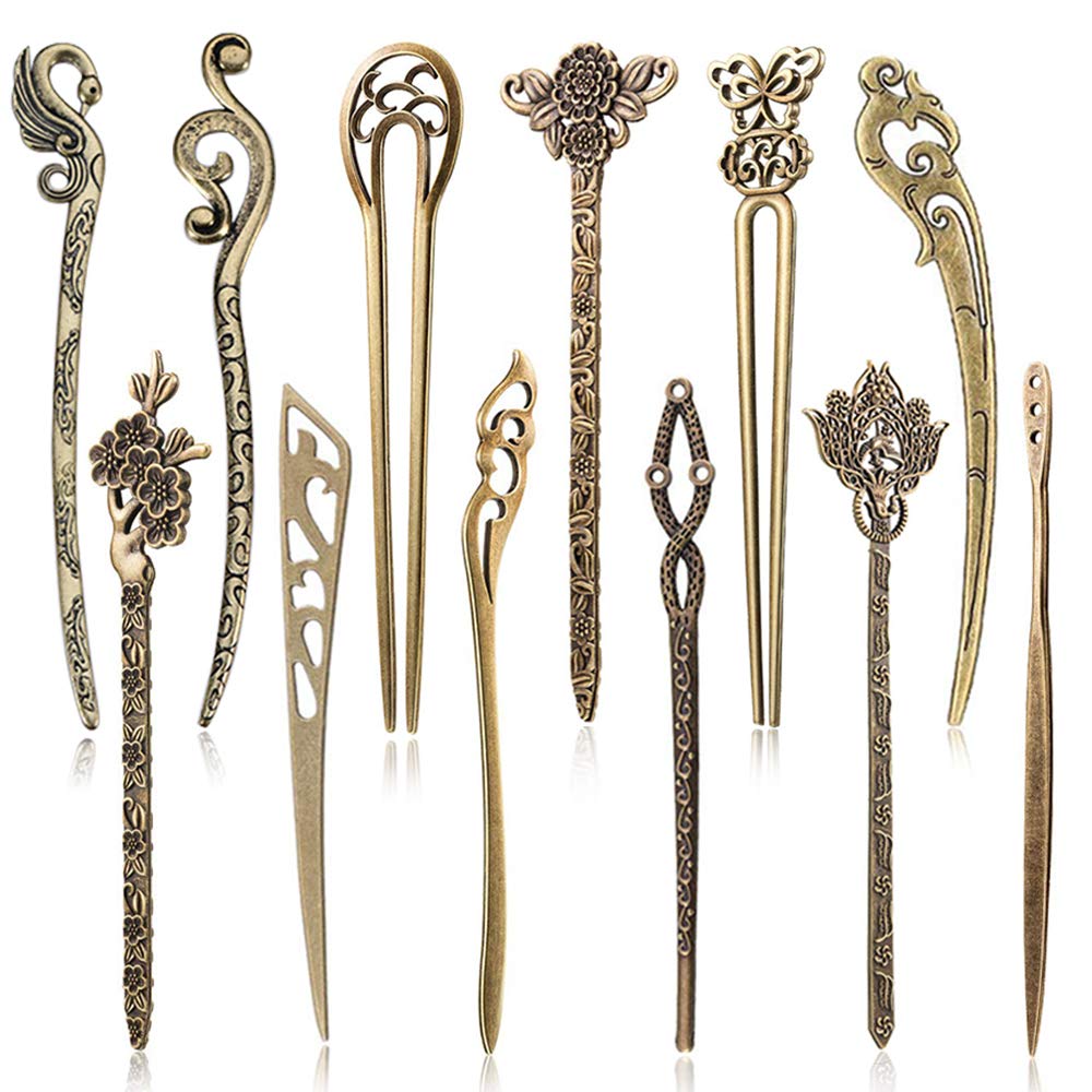 12 Styles Vintage Bronze Hair Sticks for Women - AUHOKY Decorative Hair Pin Chopsticks, Antique Retro Hair Forks for DIY Hair Accessories | Perfect for Bun, Updo, Wedding & Cosplay Hairstyles