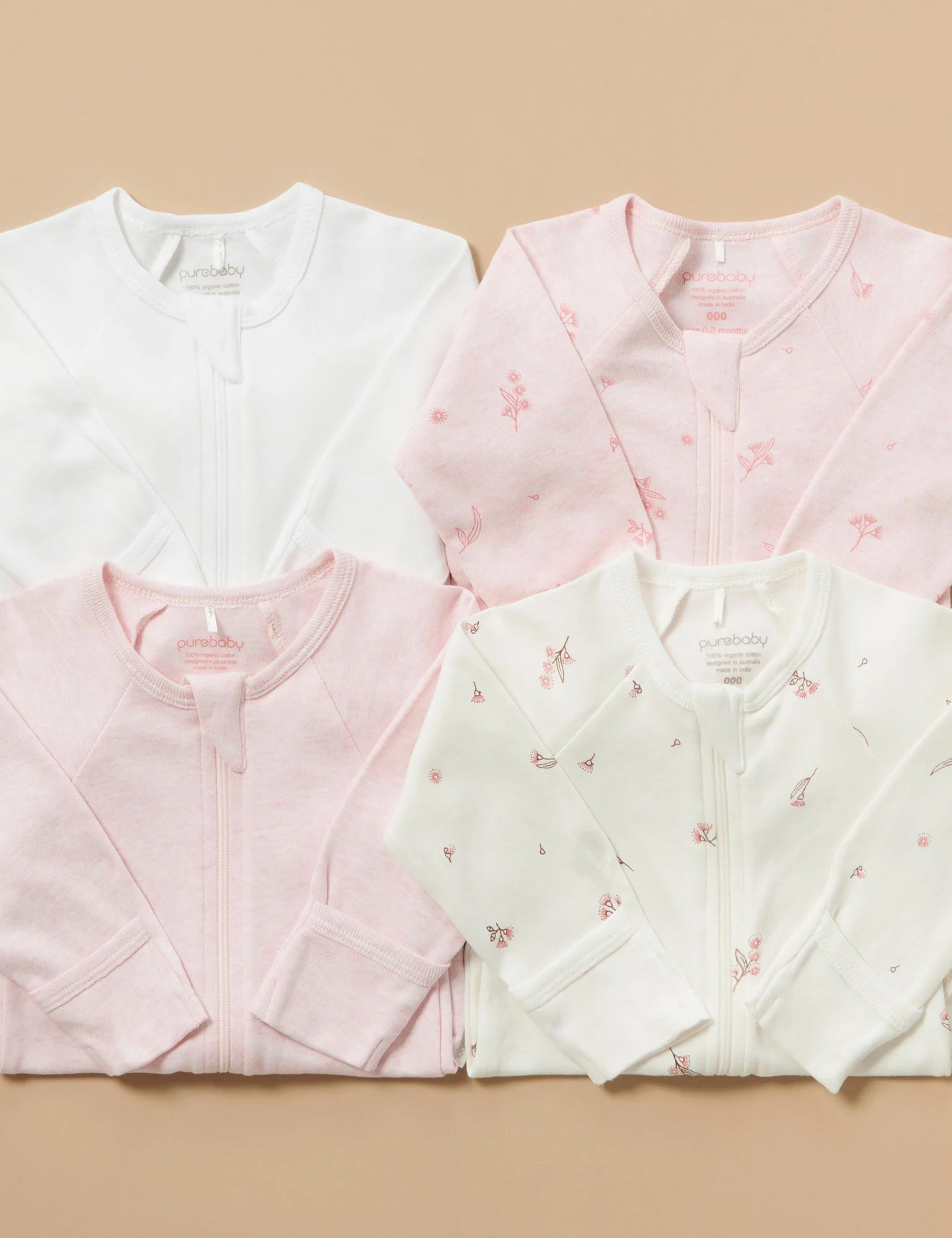Purebaby Organic Cotton Zip Growsuit 4-Pack - Vanilla Blossom | Soft Baby Sleepwear for Newborns & Infants | Perfect for Daycare, Playtime & Nighttime Comfort