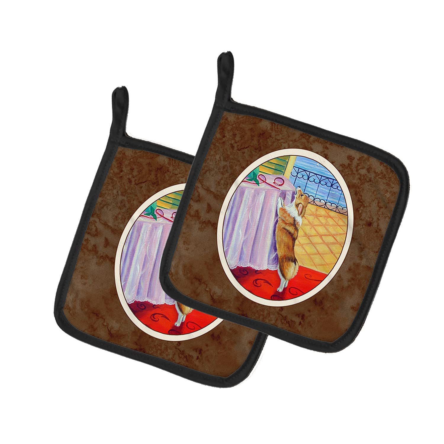 Corgi Pair of Heat Resistant Pot Holders - 7.5x7.5 Inch Kitchen Oven Mitts for Cooking, Baking & BBQ - Cute Dog Design Potholders for Hot Pans & Baking Sheets