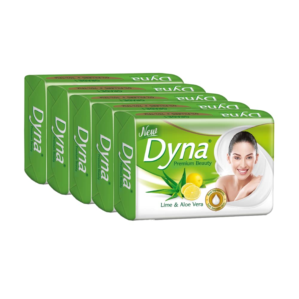 Dyna Lime & Aloe Vera Extracts Beauty Soap - 100g x 5 Bars, Grade 1 with 76% TFM - Natural Skin Cleansing for Face & Body, Moisturizing & Refreshing for Daily Use