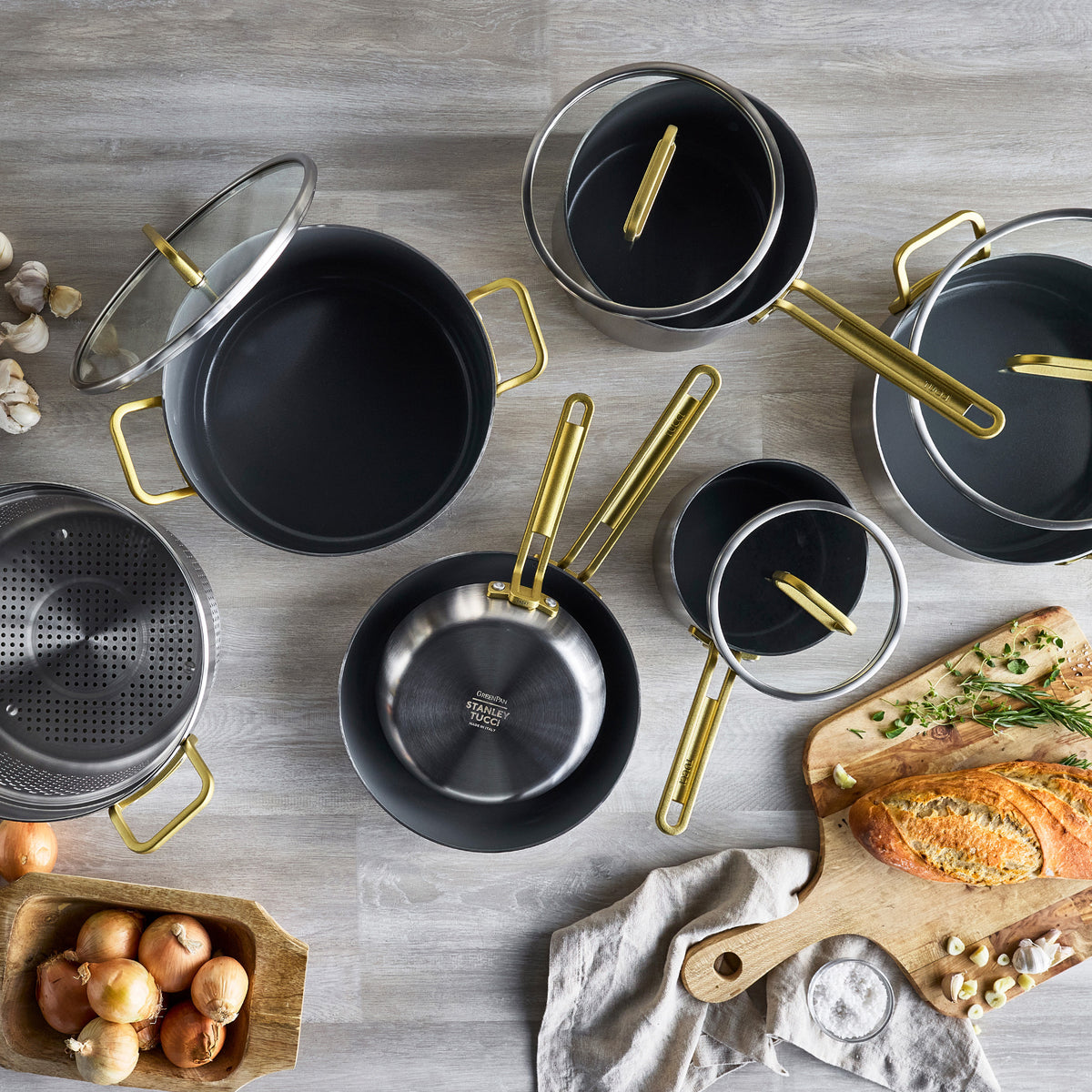 Stanley Tucci 11-Piece Stainless Steel & Ceramic Nonstick Cookware Set with Cookbook | Champagne Handles | Perfect for Home Cooking, Professional Chefs & Gift Giving