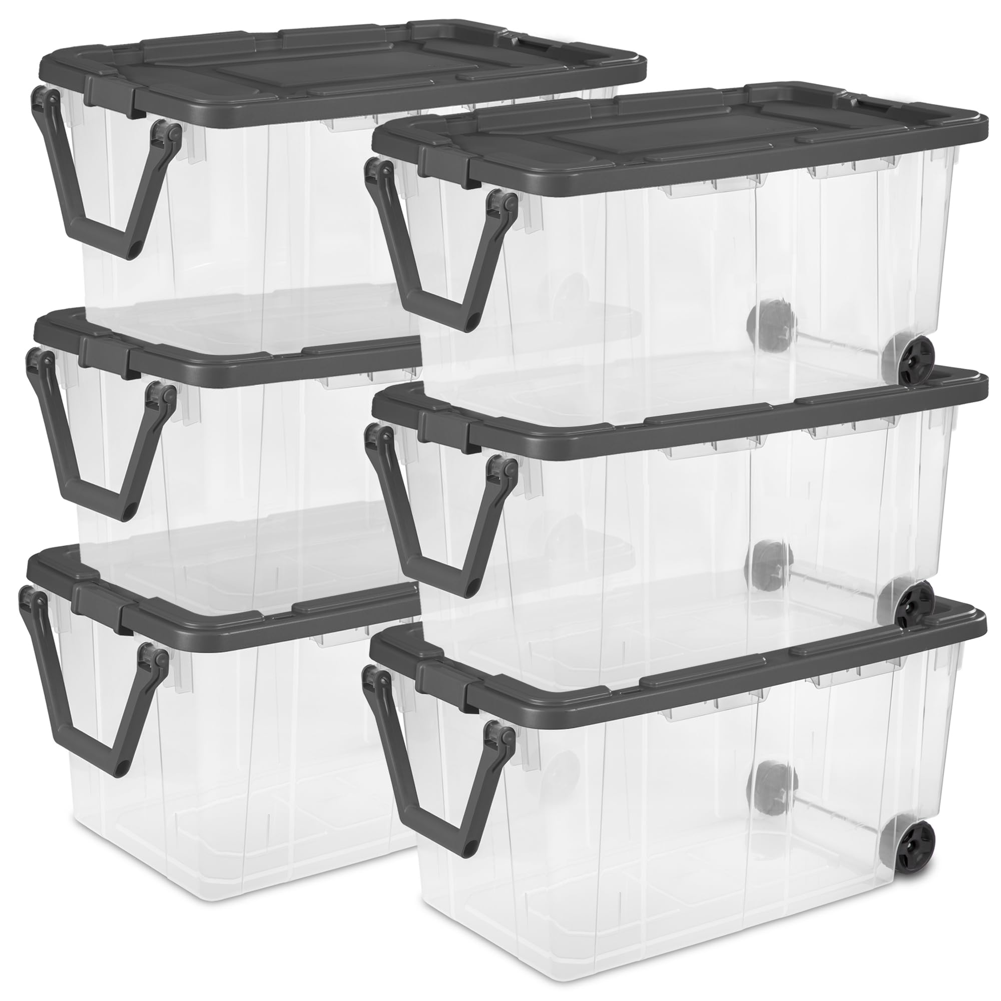 Sterilite 6-Pack 160 Qt Stackable Storage Bins with Latching Lids & Wheels, Gray - Perfect for Home Organization, Garage Storage & Moving Supplies