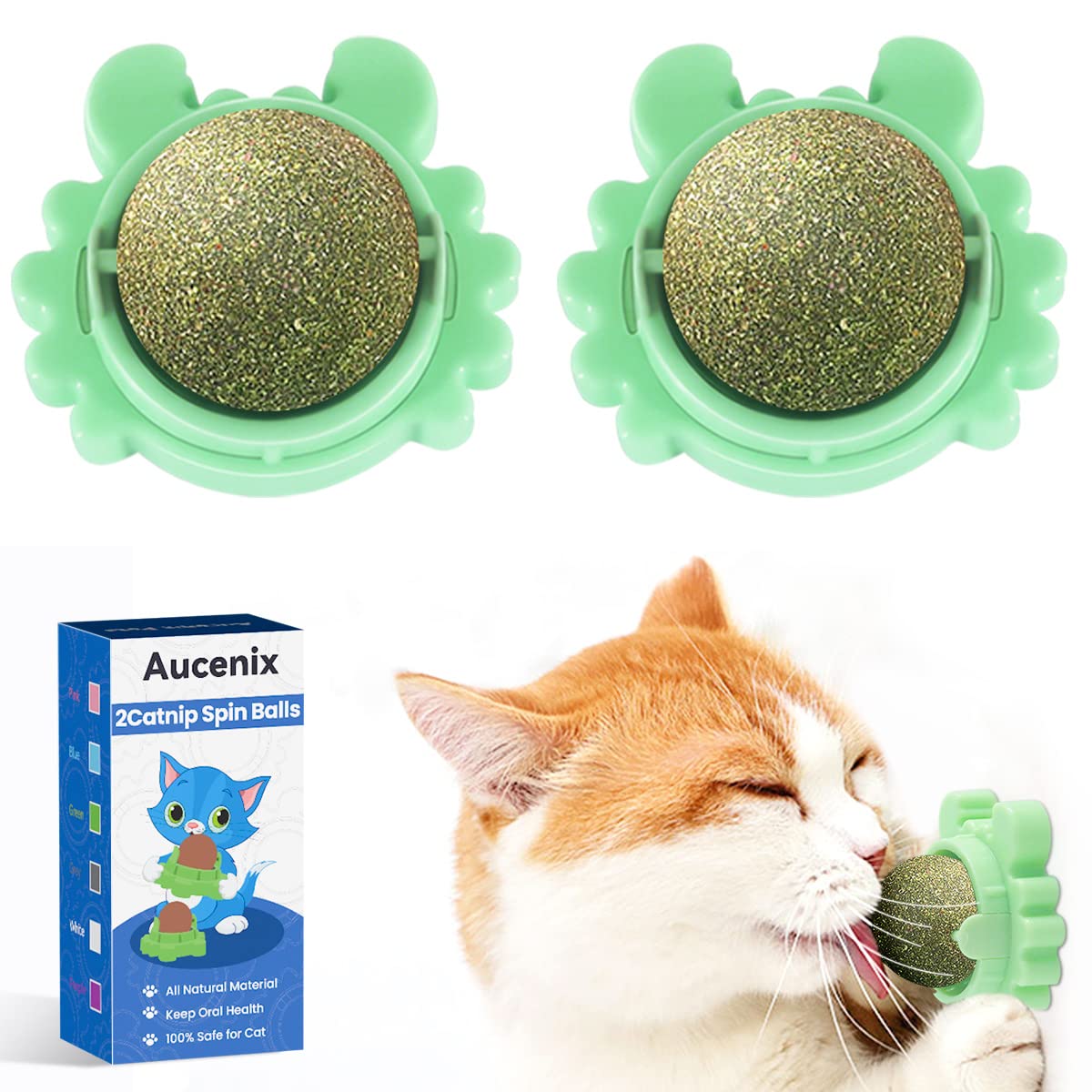 **Aucenix Catnip Balls Toy for Cats - Natural Rotating Dental Chew Toy for Kittens, Wall-Mounted Catnip Roller for Licking & Teeth Cleaning (Green, 2-Pack) - Fun Playtime & Stress Relief for Indoor Cats**