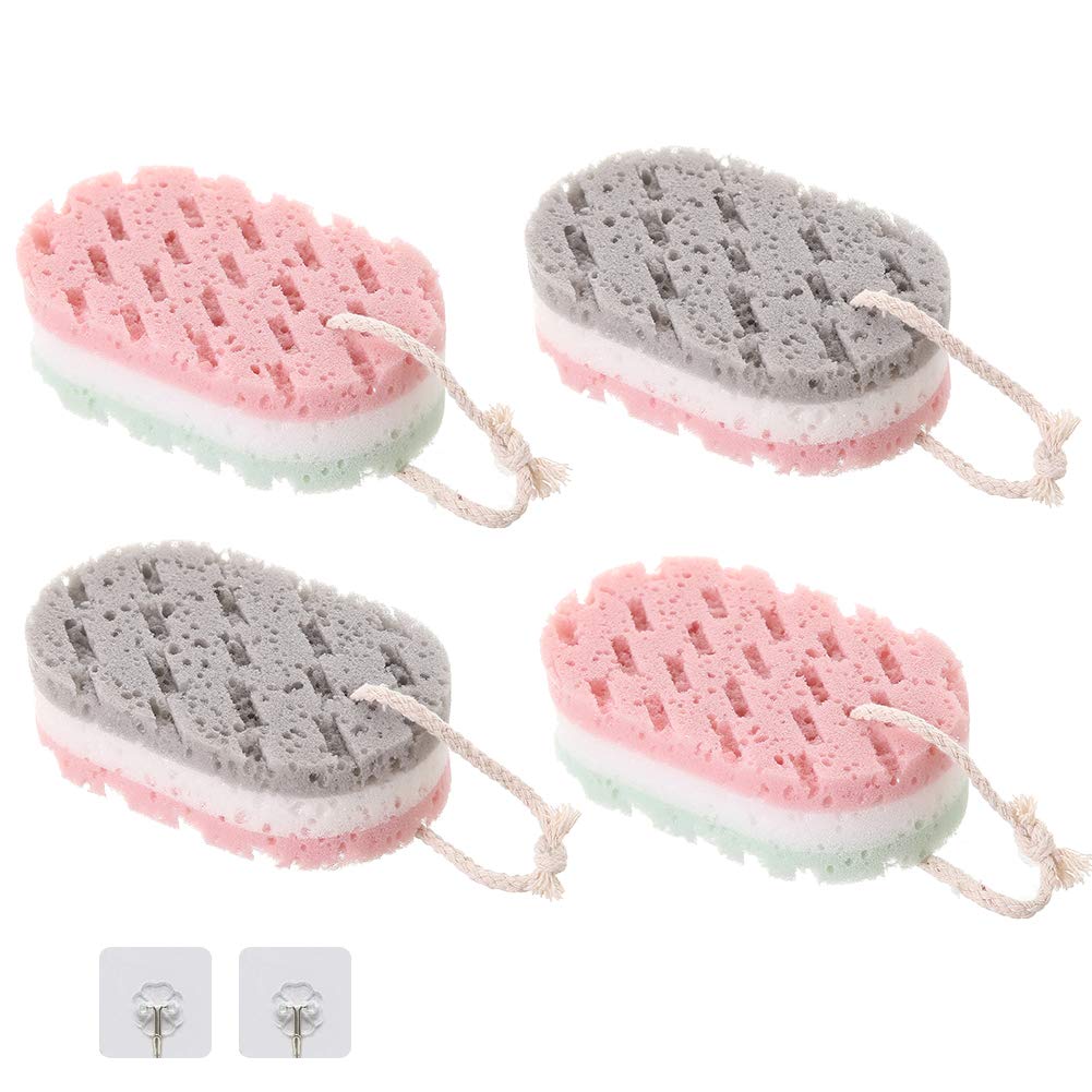 RRJ Soft Bath Sponge for Adults - Exfoliating Body Scrubber with 2 Hooks, 4-Pack for Women & Men - Perfect for Shower, Bath & Spa Relaxation at Home
