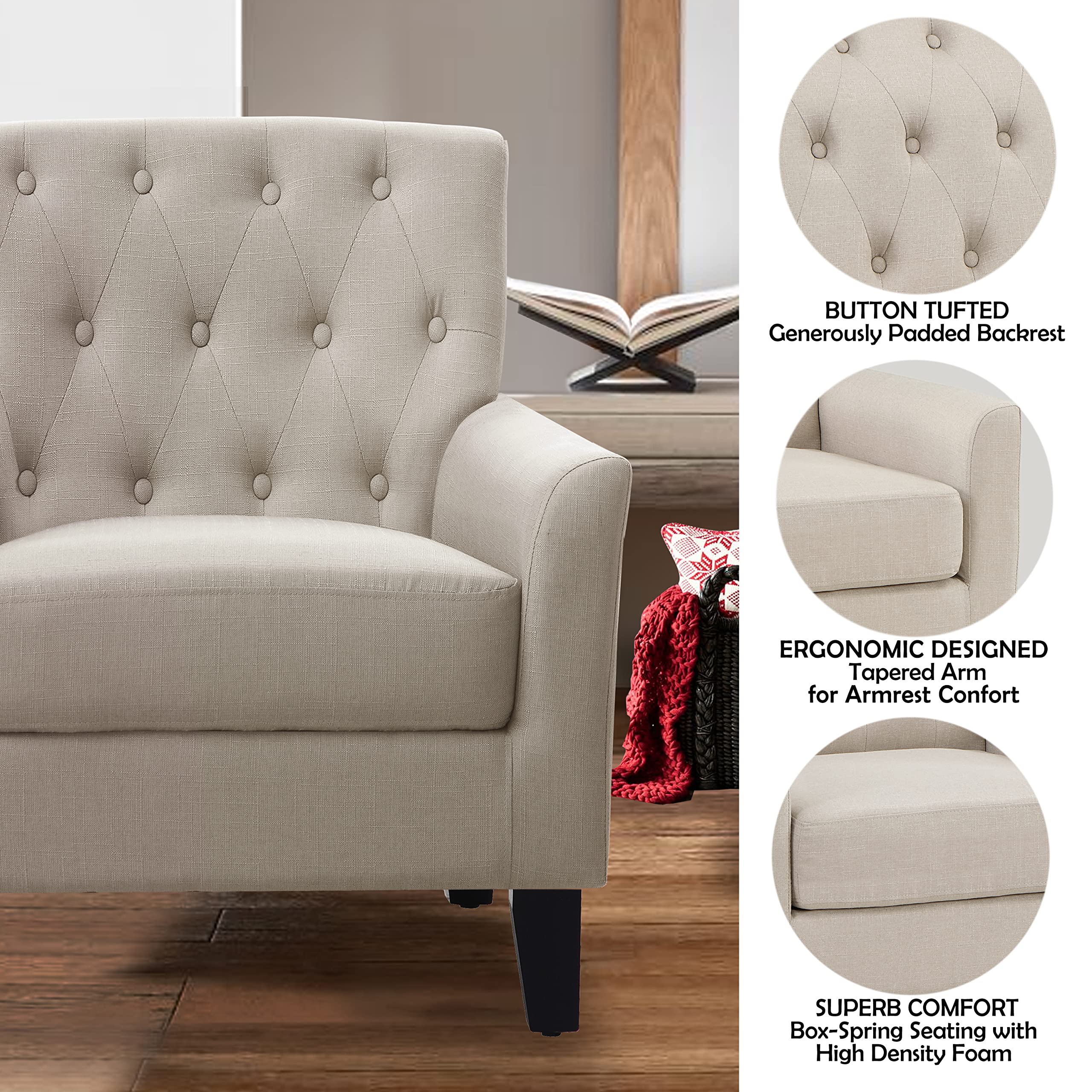 Rosevera Brayle Rosevara Tufted Back Accent Chair - Comfy Padded Seat Living Room, Bedroom & Office Furniture - High-Quality Polyester Upholstery in Warm Beige | Perfect for Reading Nooks, Lounge Areas & Small Spaces
