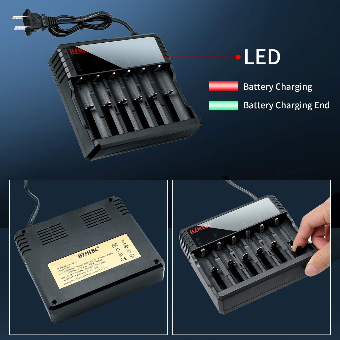 Universal 6-Slot 18650 Battery Charger - Smart LED Indicator AC Charger for 3.7V Li-ion Rechargeable Batteries (26650, 18500, 14500) - Perfect for Flashlights, Headlamps & Emergency Power Supplies