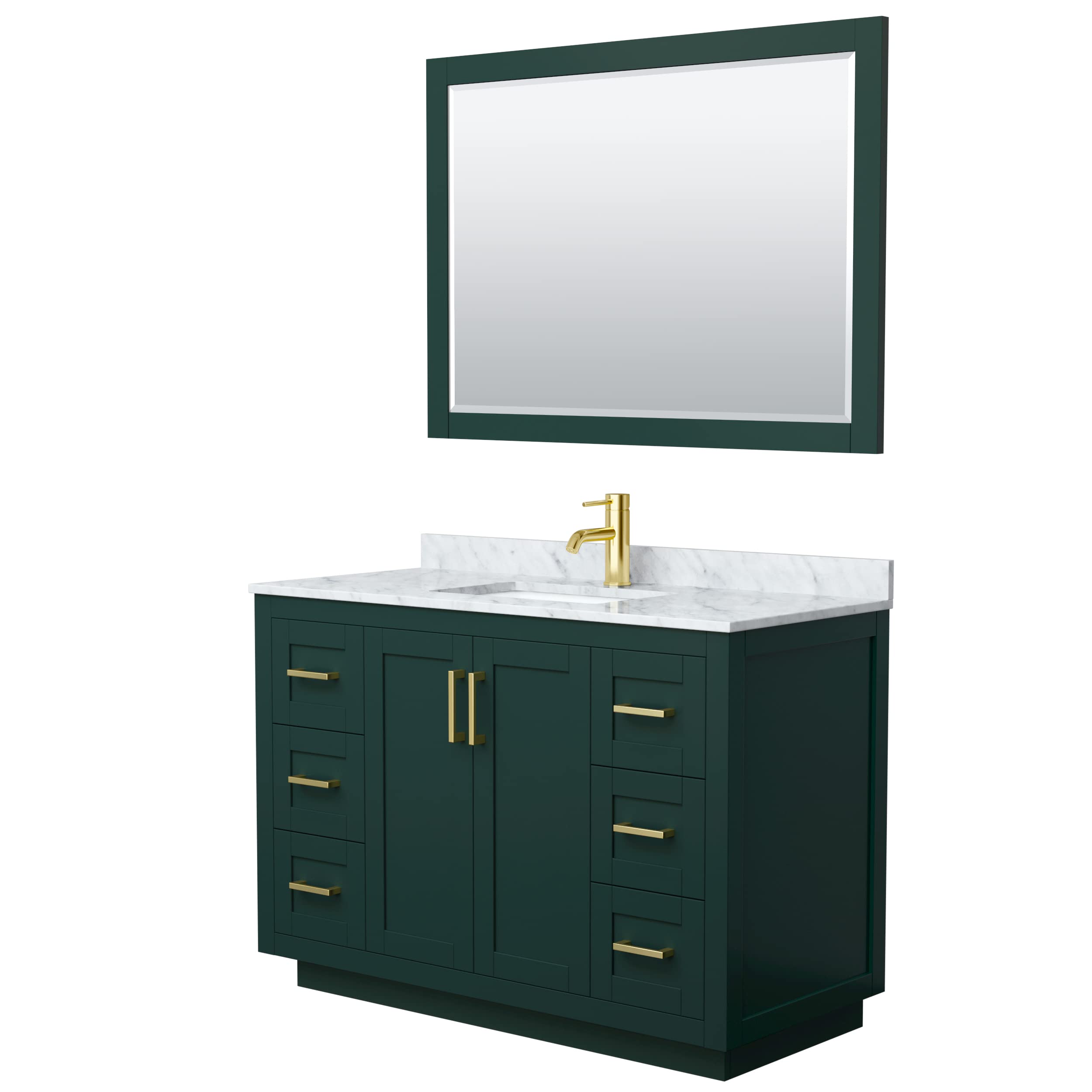 Wyndham Collection Miranda 48 Inch Green Bathroom Vanity with White Carrara Marble Countertop, Undermount Square Sink & Brushed Gold Trim - Includes 46 Inch Mirror | Modern Farmhouse Bathroom Decor for Master Bath, Guest Bath & Powder Room