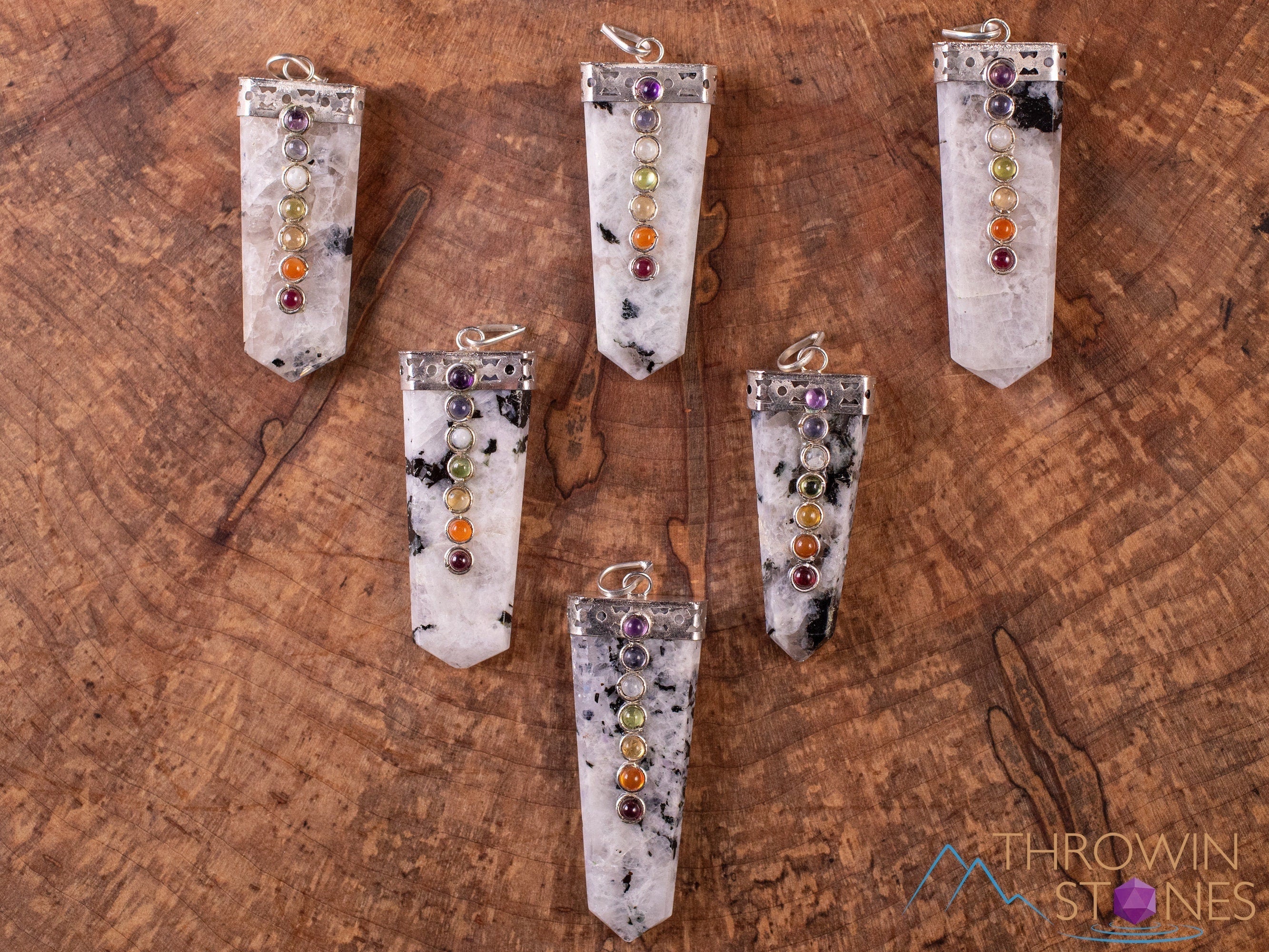 Handmade Chakra & Rainbow Moonstone Crystal Pendant with Crystal Points - Natural Healing Stones for Meditation, Energy Balancing & Spiritual Jewelry - Perfect for Yoga, Reiki & Gift Giving