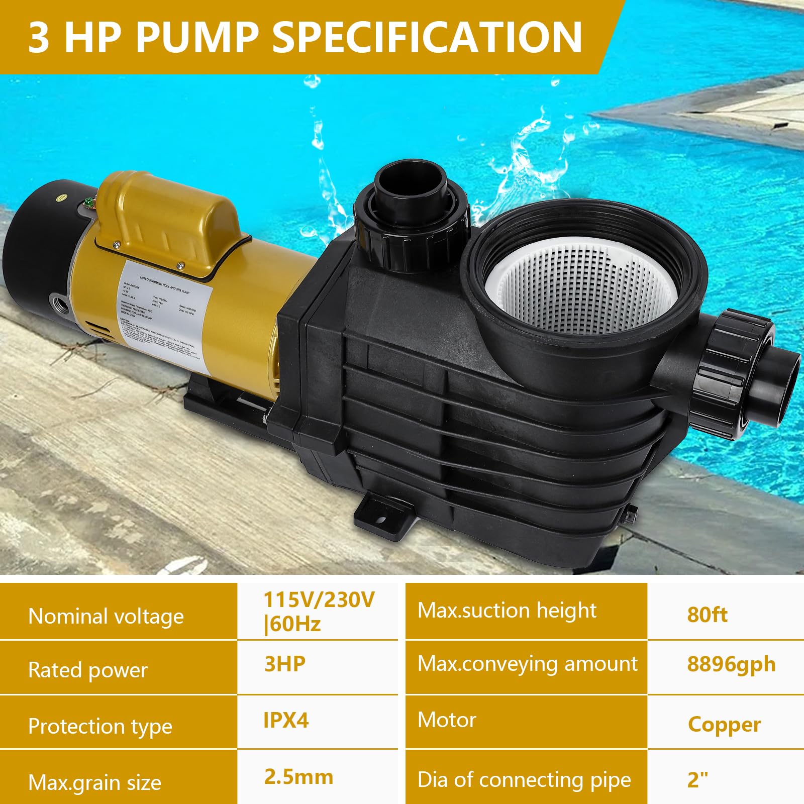 **3HP Dual Speed Swimming Pool Pump - 8896GPH High Flow, 115V/230V, Self-Priming, Energy Efficient & Quiet - for In-Ground & Above-Ground Pools with Filter Basket & Drain Plug - Perfect for Backyard, Residential, and Commercial Pool Maintenance**