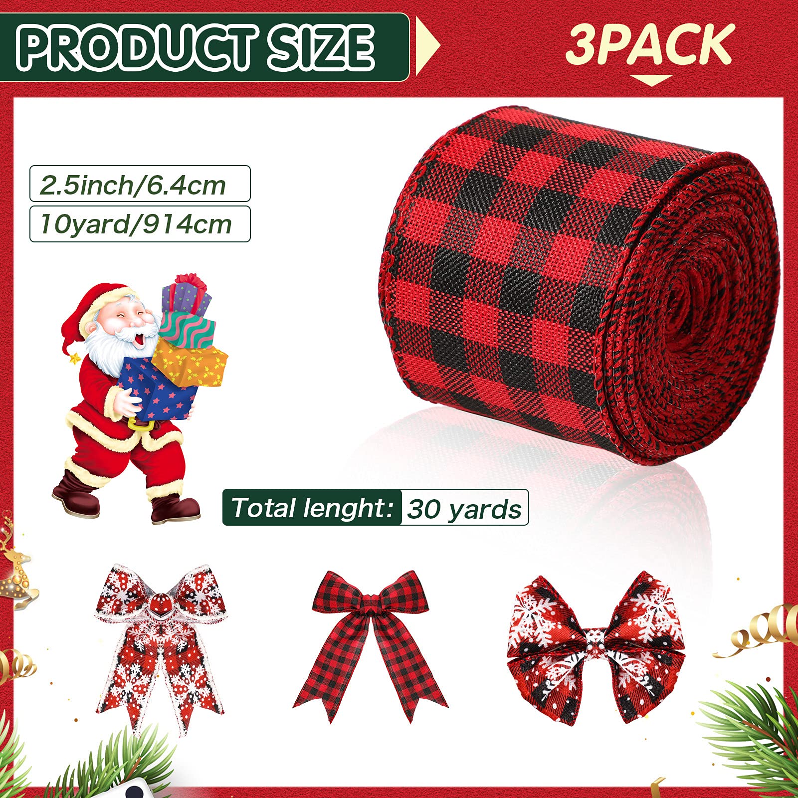 Geosar 3 Rolls Christmas Ribbon Wired, 2.5