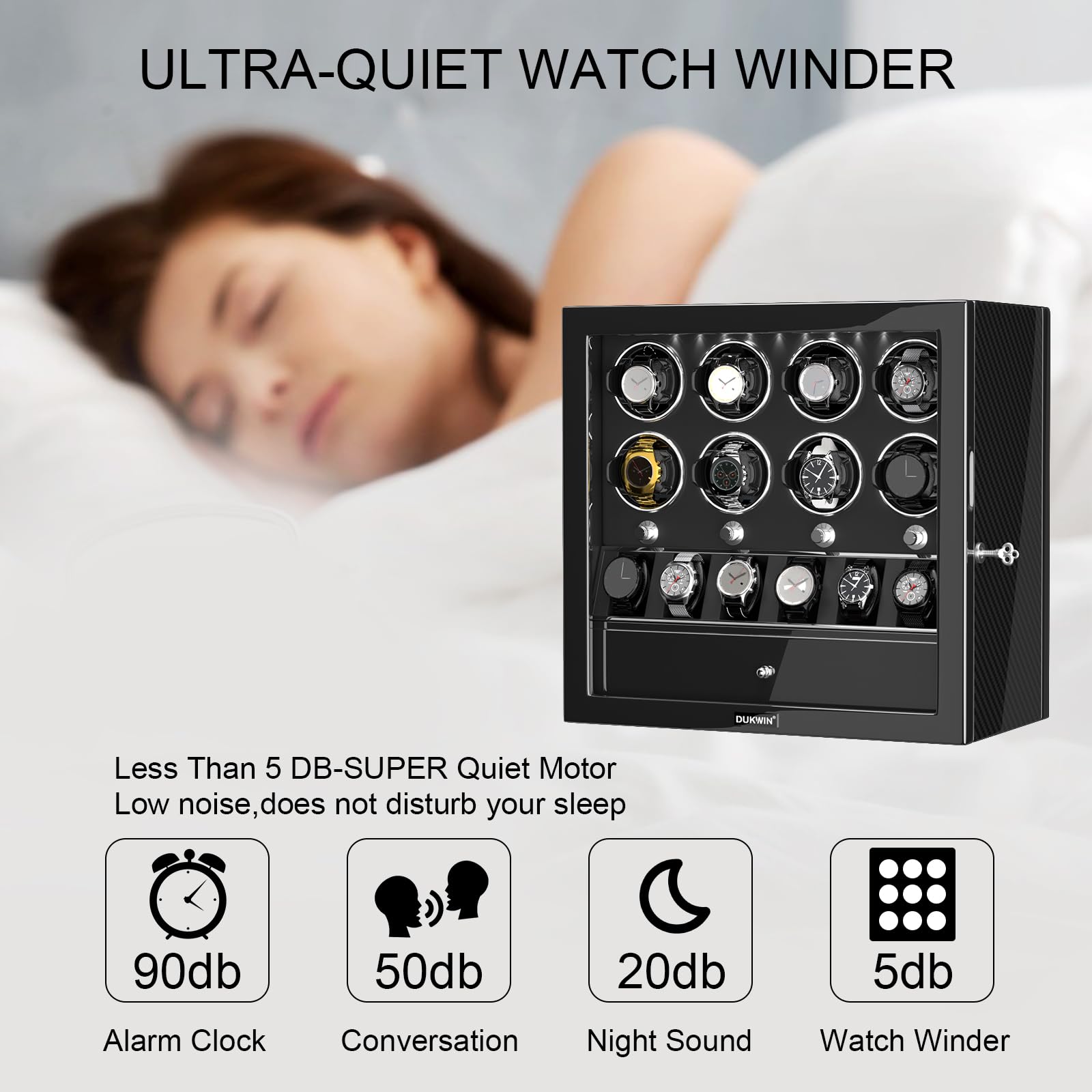 Premium DUKWIN Watch Winder for 2/4/6/8 Automatic Watches - Lockable Luxury Watch Box with Jewelry Storage | Super Quiet Mabuchi Motor, High-Gloss Piano Finish & LED Lighting | Perfect for Watch Collectors, Travel & Home Display