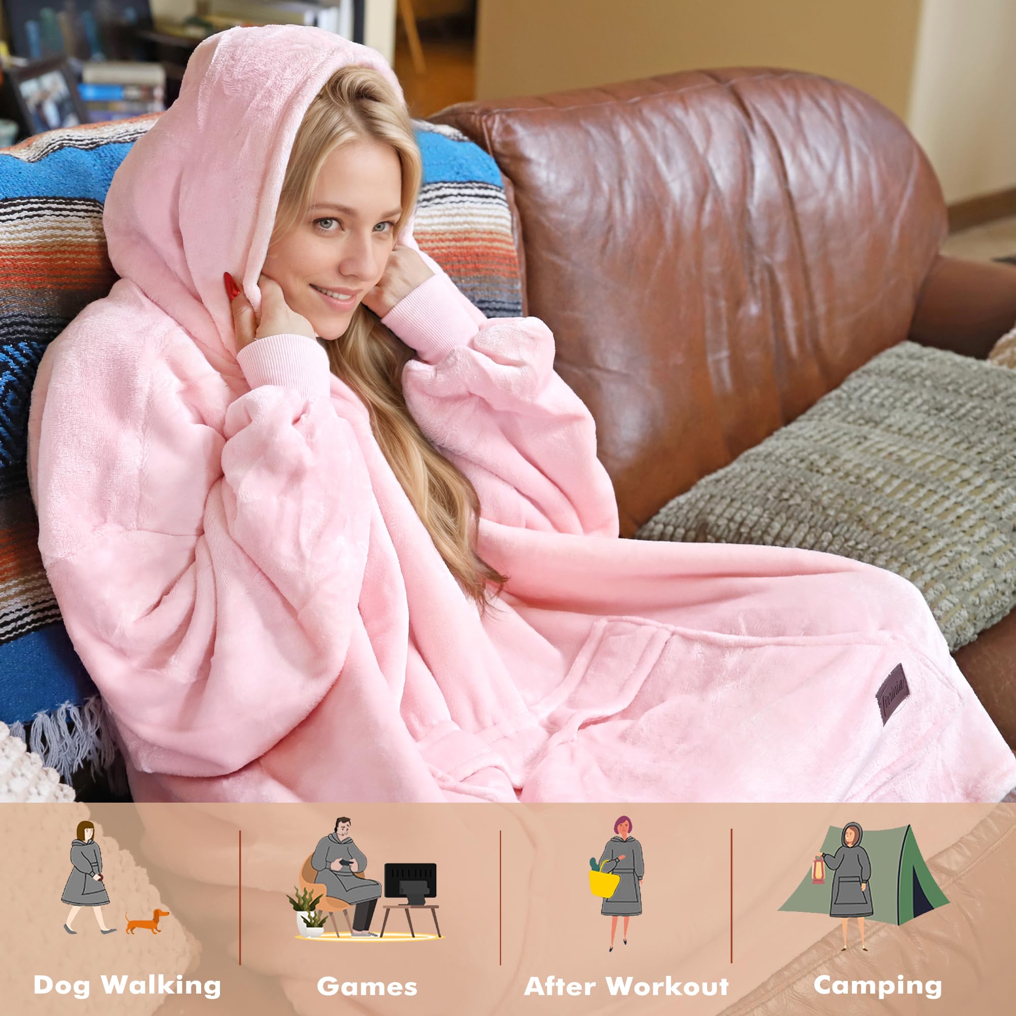 Pink Oversized Hoodie Blanket Sweatshirt - Soft Sherpa Wearable Blanket for Women, Teens & Adults - Cozy Loungewear for Home, Gifts for Wife & Girlfriend