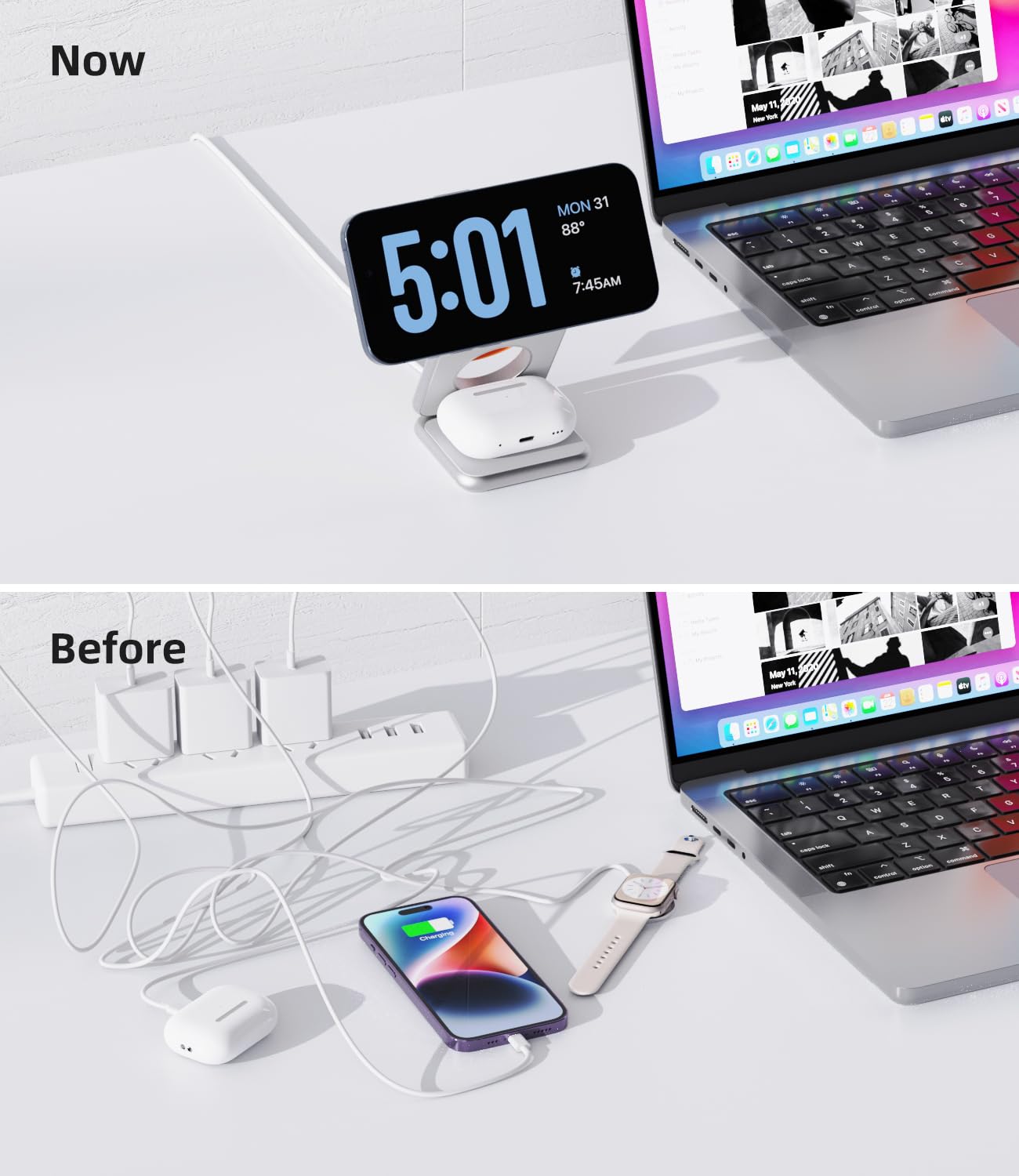 3-in-1 Foldable Magnetic Wireless Charging Station - 15W Fast Mag-Safe Charger for iPhone 14/13/12 Pro Max, AirPods 3/2/Pro & Apple Watch - Aluminum Alloy Stand with Adapter (Silver) | Perfect for Home, Office & Travel Charging