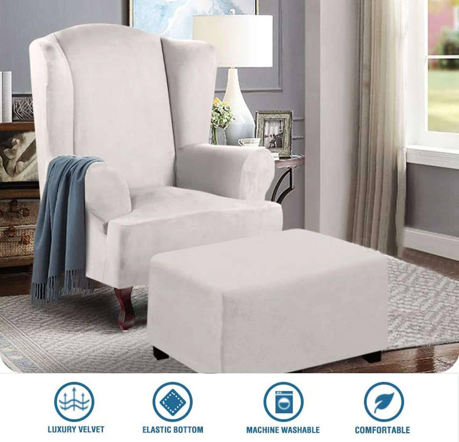 Waterproof Ottoman Cover Rectangle - Stretch Velvet Soft Ottoman Slipcover for Folding Storage Stool with Elastic Bottom (White, Medium) - Perfect for Living Room, Bedroom & Home Decor