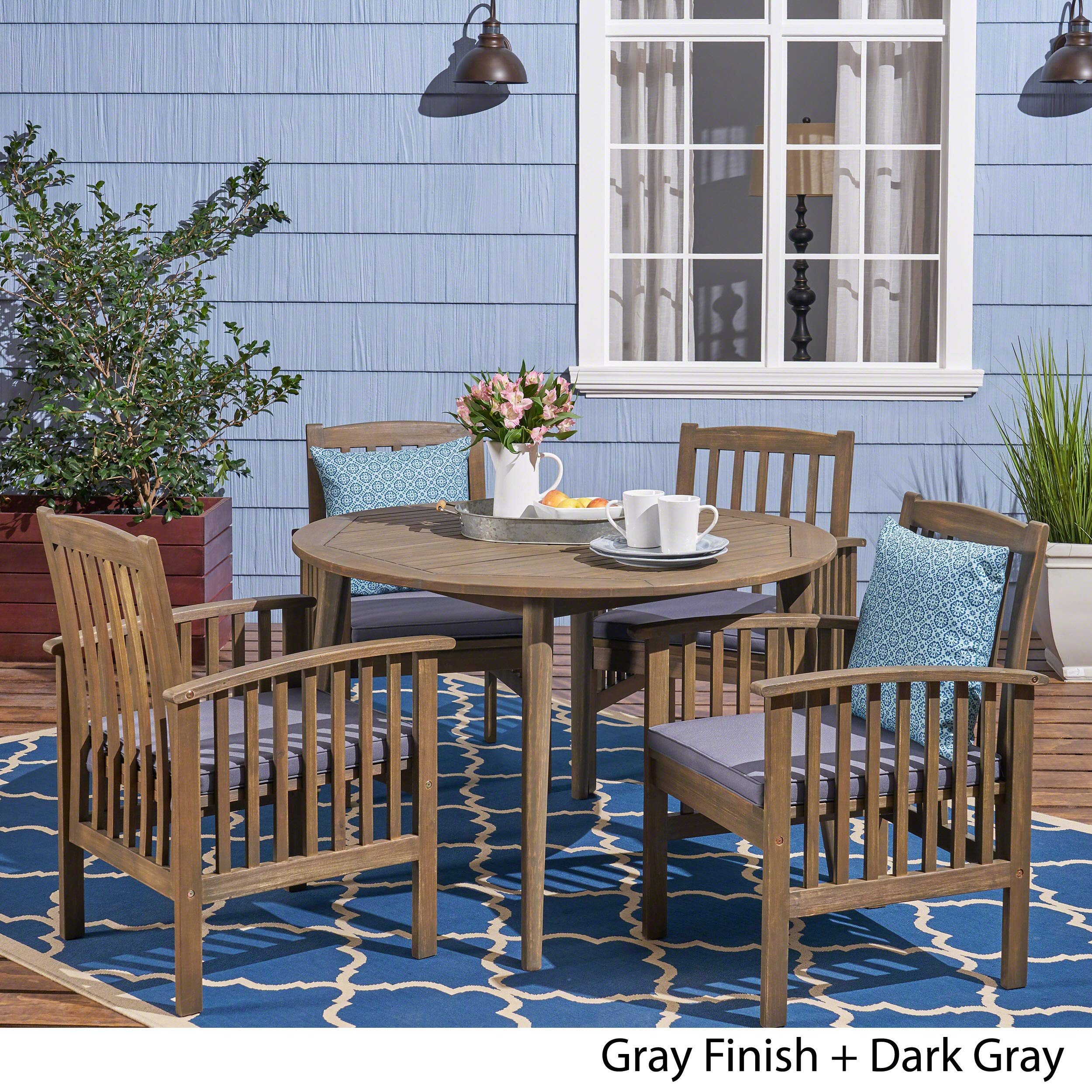 4-Piece Dark Gray Outdoor Patio Dining Set with 47-Inch Round Table & Cushions - Weather-Resistant Furniture for Backyard, Garden or Poolside Relaxation