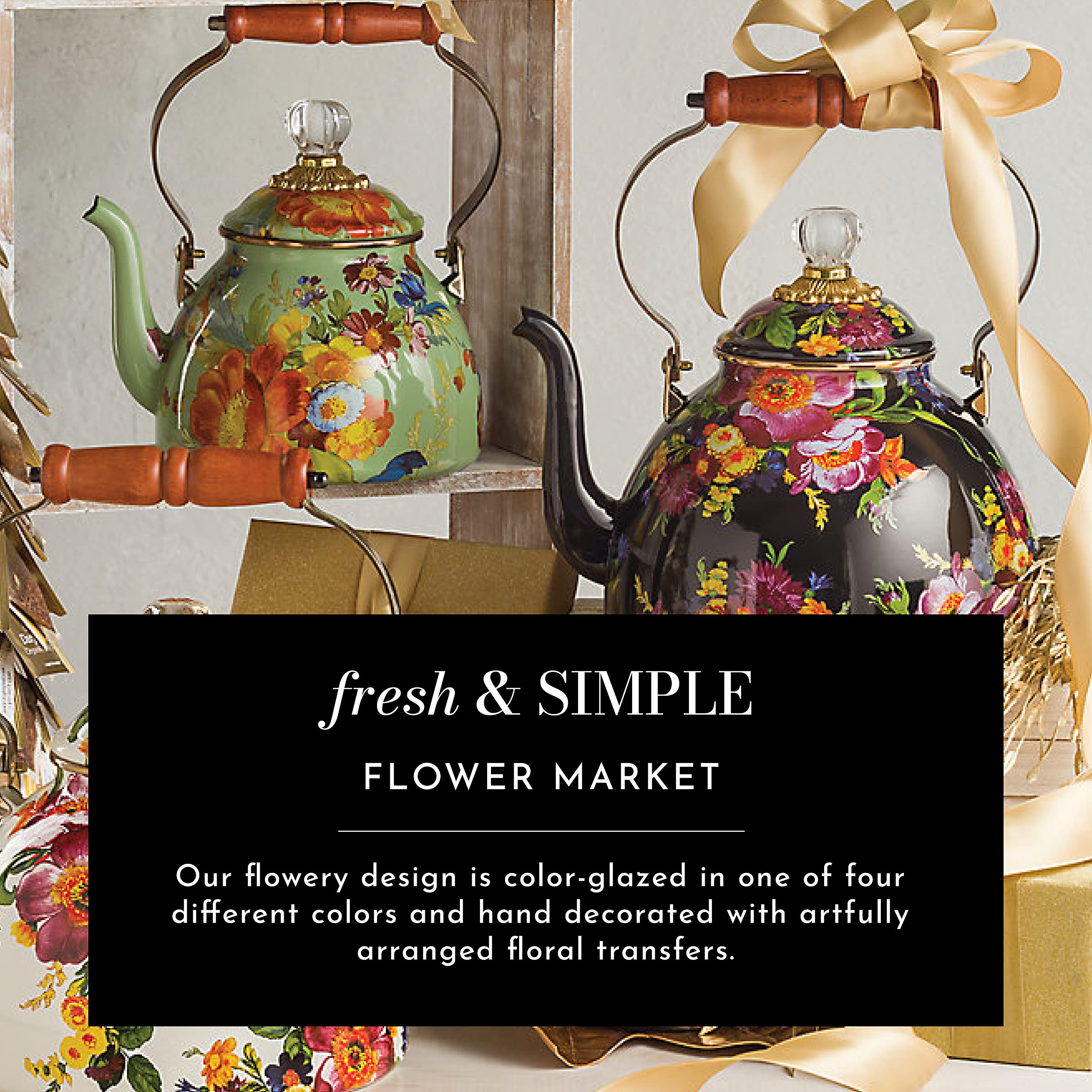 MACKENZIE-CHILDS 12-Inch Enamel Serving Bowl - White Flower Market Design - Durable Enamel Serveware for Entertaining, Dining & Kitchen Decor - Perfect for Salads, Pasta, Fruit & Party Displays