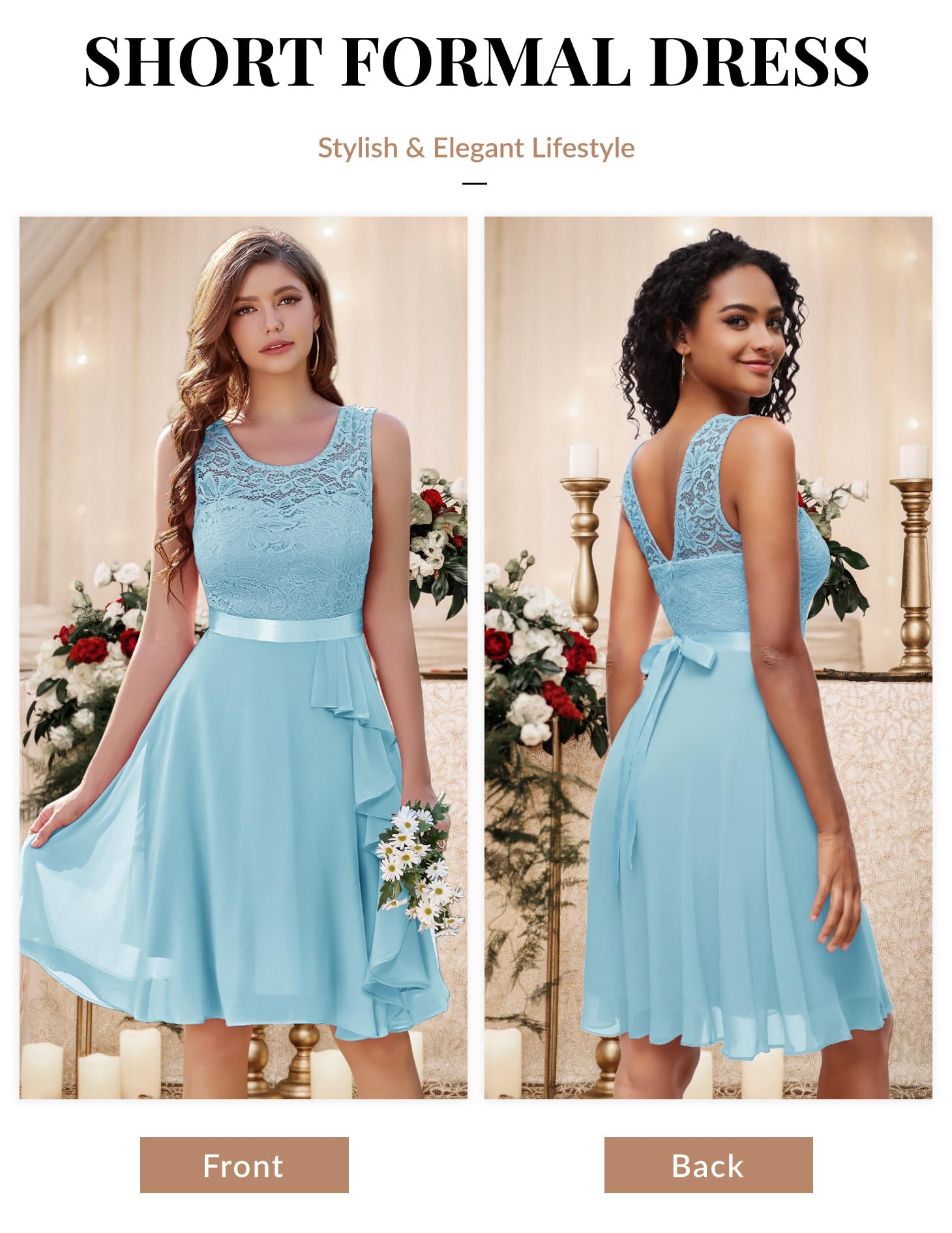 BeryLove Women's Cocktail Dress for Prom Wedding Guest Short Bridesmaid - Sleeveless Lace Formal Dress with Ruffle Hem | Perfect for Evening Parties, Cocktail Events & Special Occasions